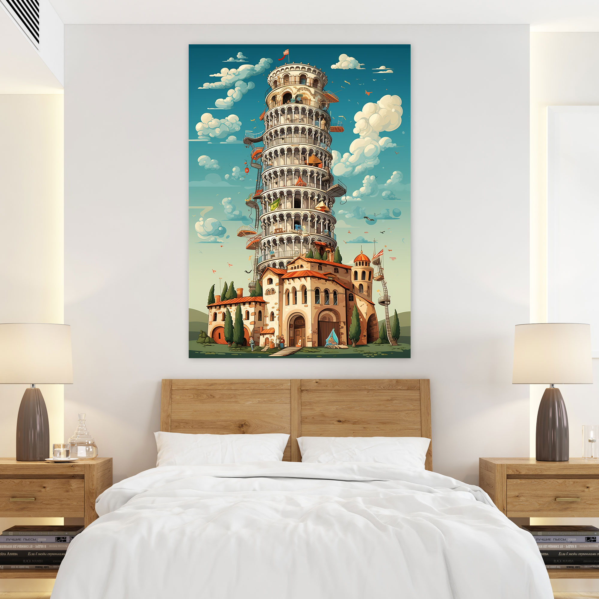 Leaning Tower Of Pisa Cartoon Wall Art - Leaning Tower Of Pisa, Wall Art, Whimsical Cartoon Illustration, Leaning Tower Of Pisa