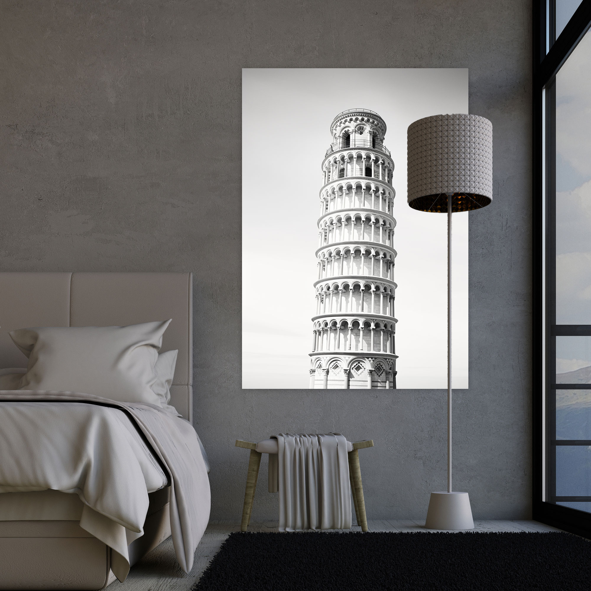 Leaning Tower Of Pisa Canvas Print - Leaning Tower Of Pisa, Minimalist Black And White Photograph, Canvas Wall Art, Canvas Print