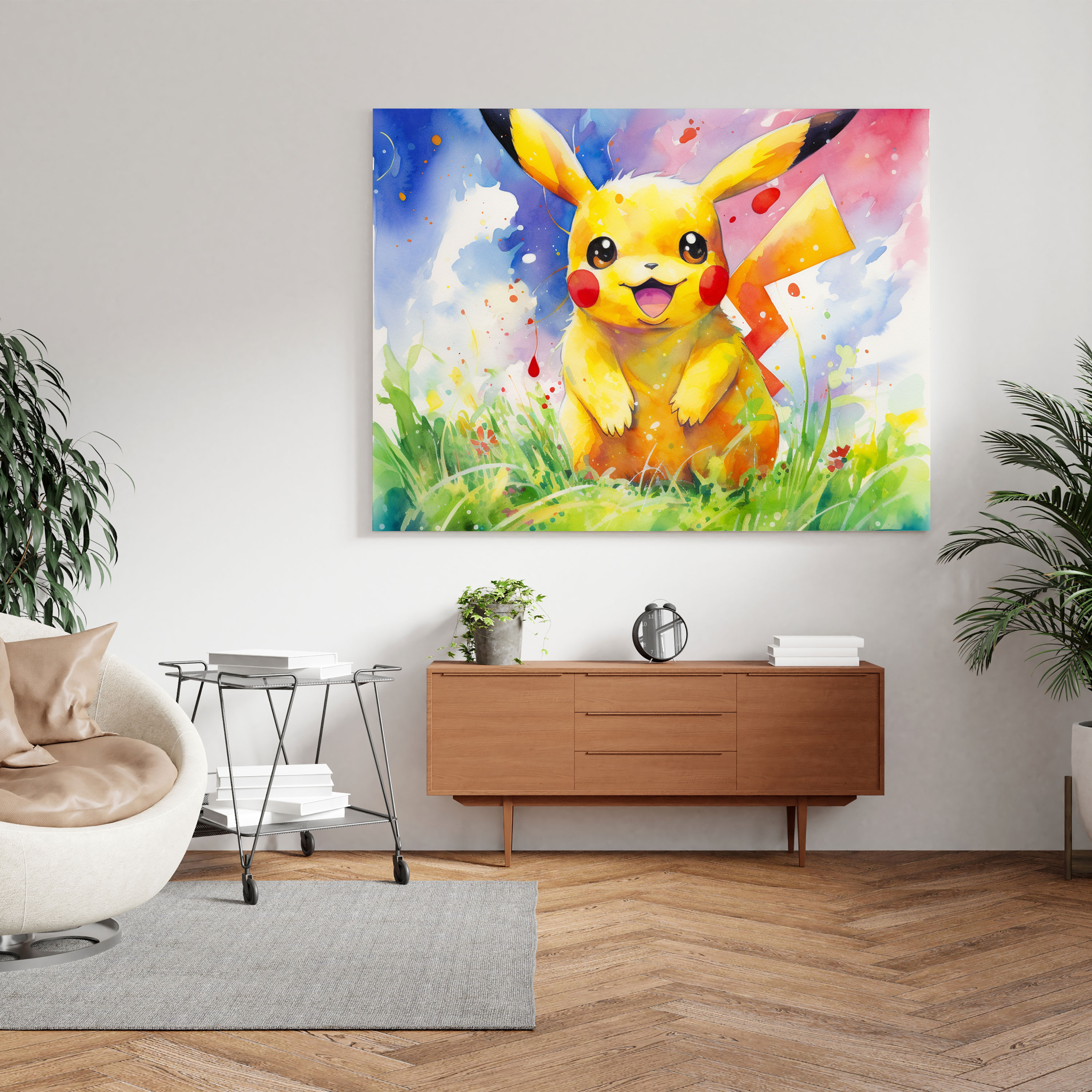 Pokemon Canvas Print: Pikachu Playing In A Lush Green Field - Pokemon, Wall Decoration, Lush Green Field, Canvas Wall Art