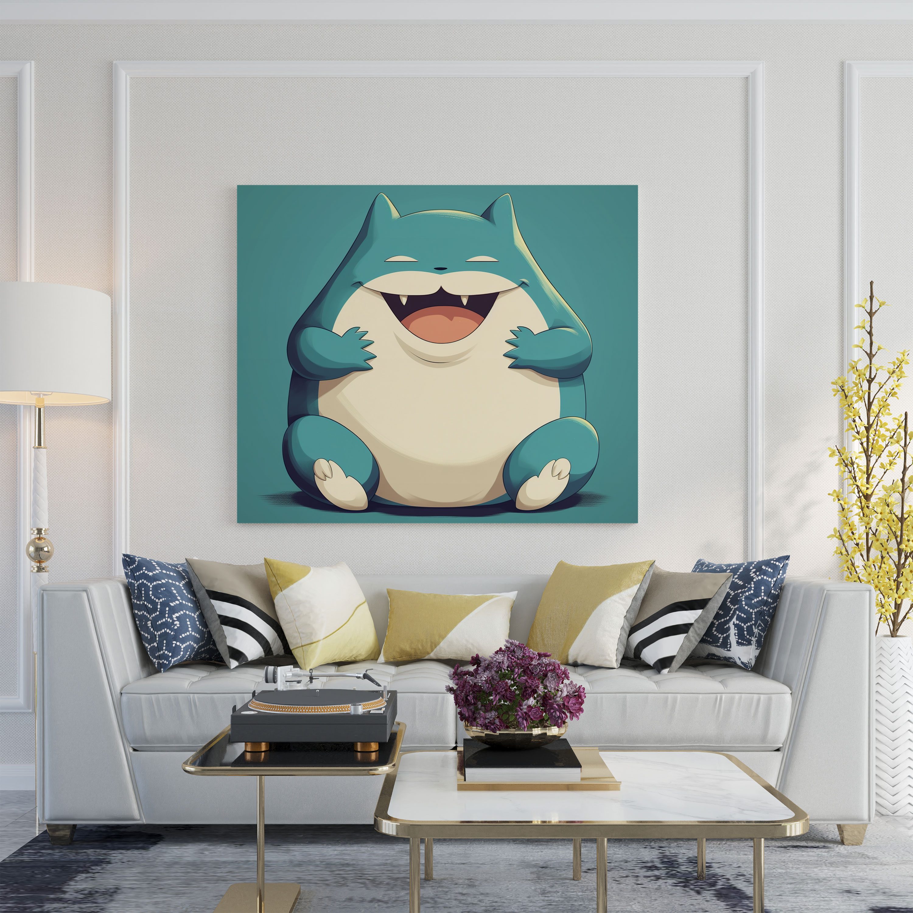 Pokemon Duvar Dekorasyonu: Karikatür Snorlax Komik Bir Pozda - Kanvas Tablo Duvar Sanatı Karikatür Tarzı İllüstrasyon