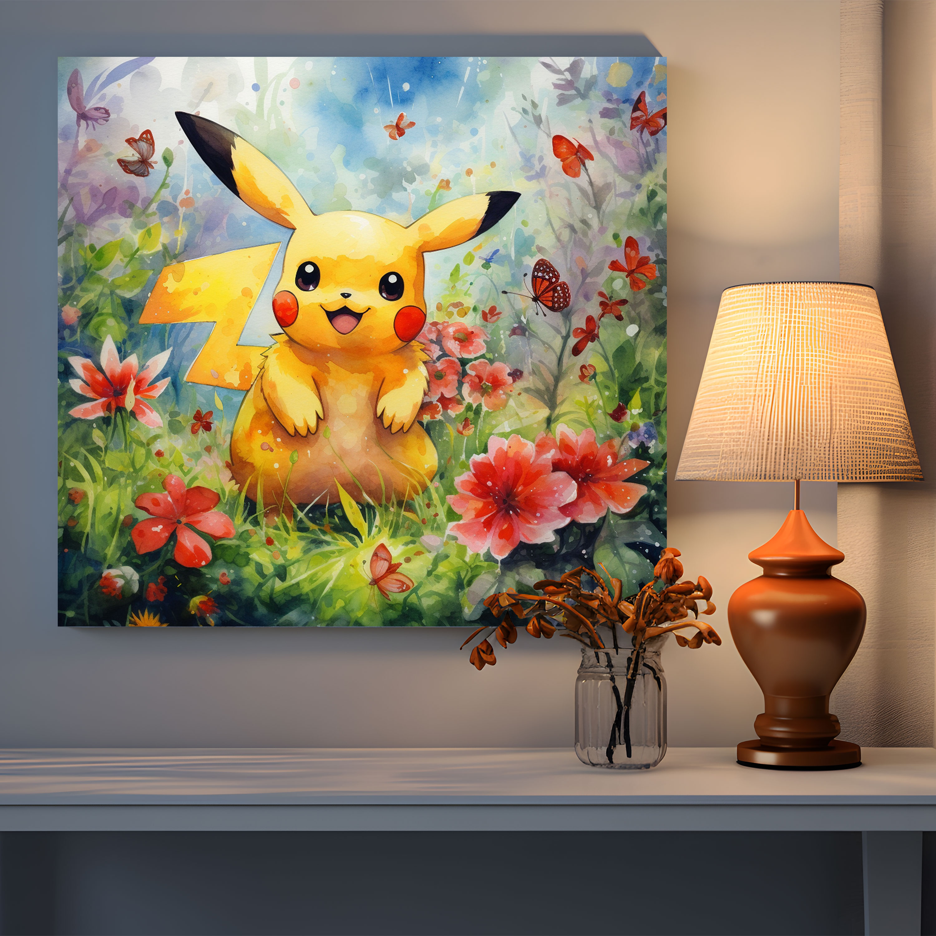 Pokemon Canvas Print: Vibrant Watercolor Pikachu Wall Art - Pokemon, Canvas Print, Watercolor Painting, Wall Decoration