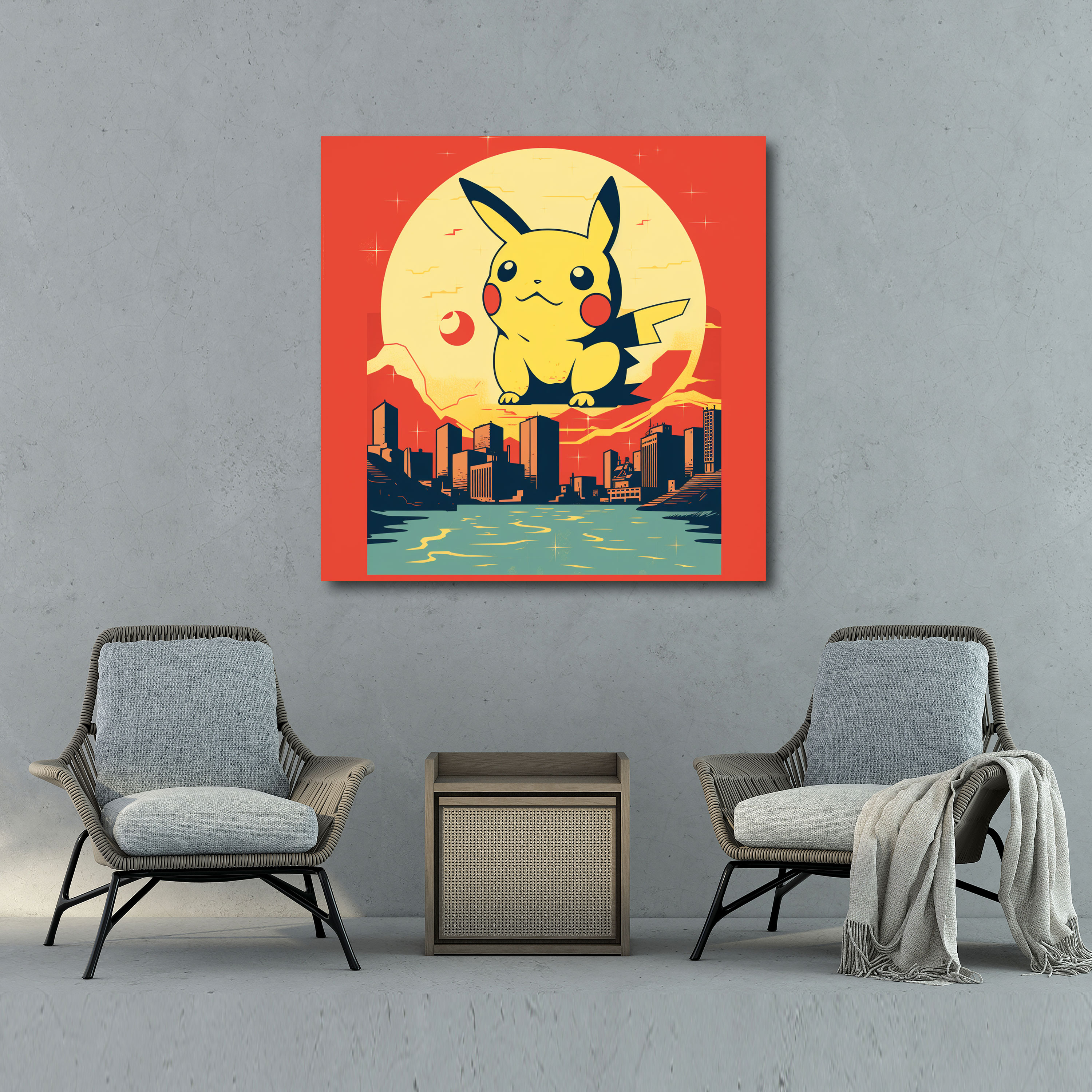 Pokemon Kanvas Tablo: Retro Minimalist Pikachu Duvar Sanatı - Pokemon Duvar Dekorasyonu Retro Şehir Hayatı