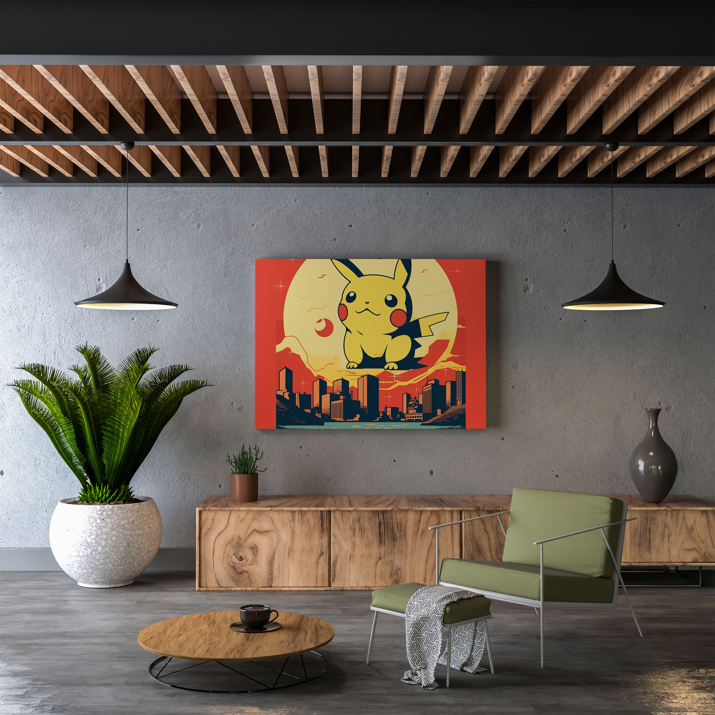 Pokemon Kanvas Tablo: Retro Minimalist Pikachu Duvar Sanatı - Pokemon Duvar Dekorasyonu Retro Şehir Hayatı