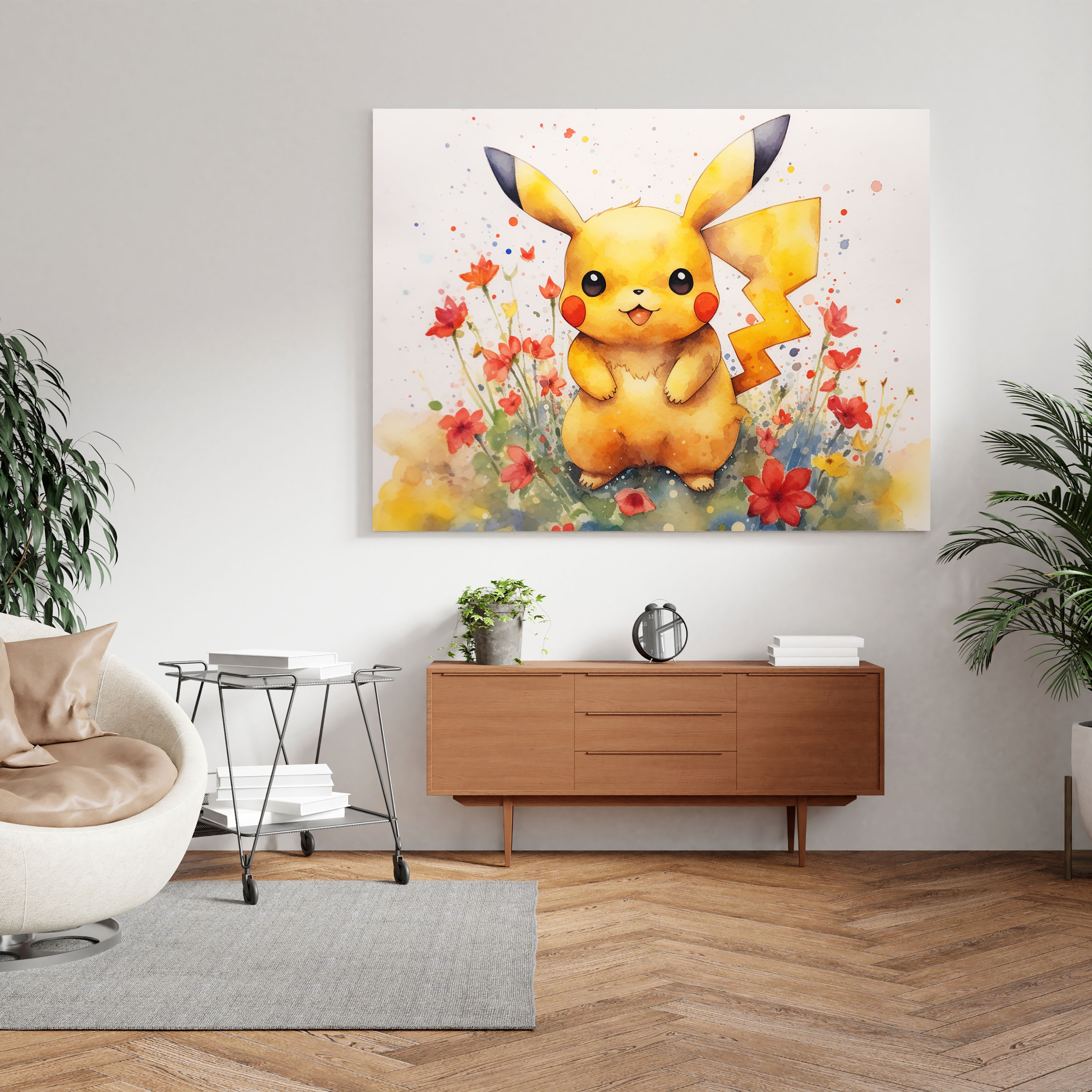 Pokemon Kanvas Tablo: Pikachu Çimenlerde Oynarken - Pokemon Çiçek Tarlası Minimalist Sulu Boya Resim