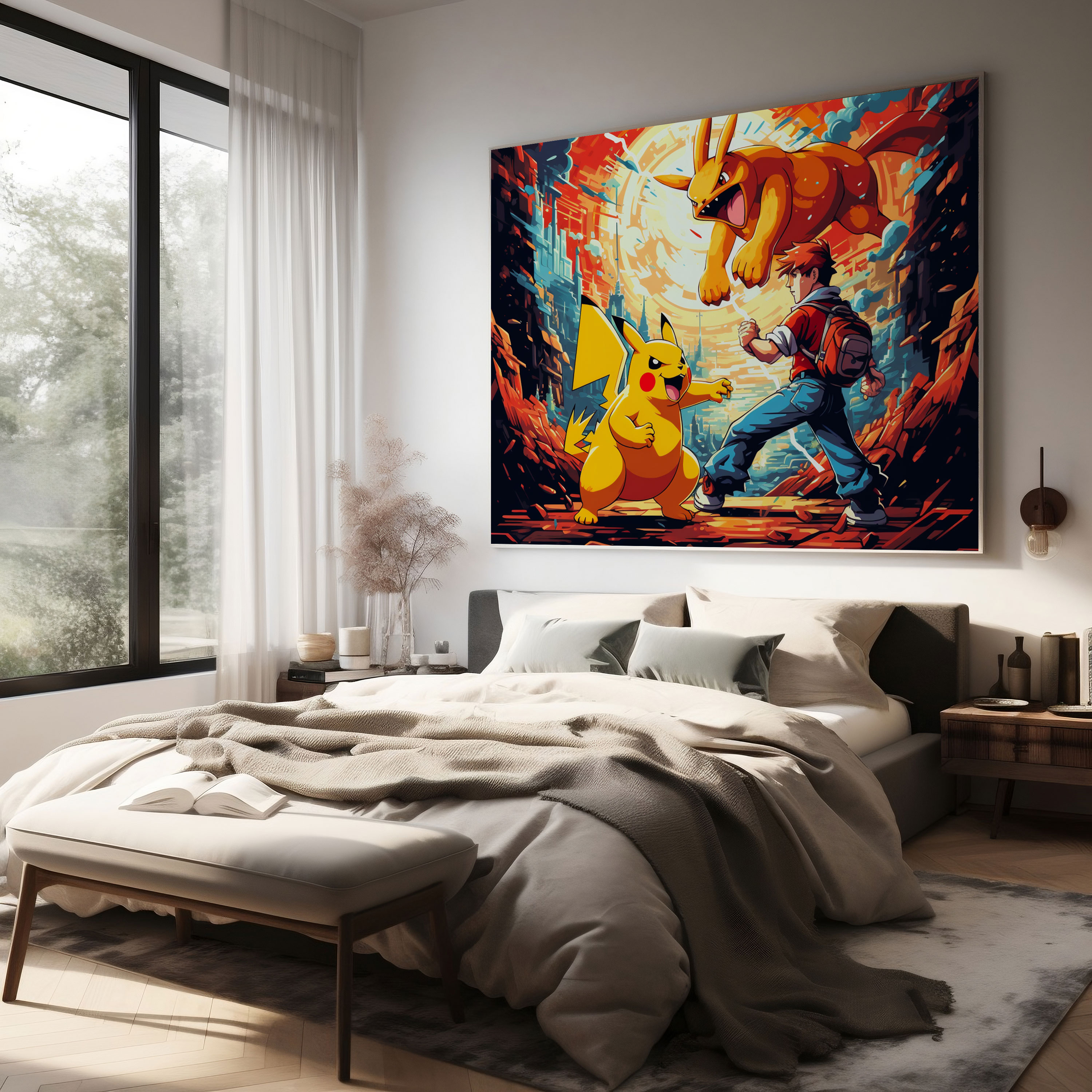 Pokemon Wall Art: Pikachu And Charizard In Retro Pixel Art - Pokemon, Pokemon, Action-Packed Battle, Retro Pixel Art