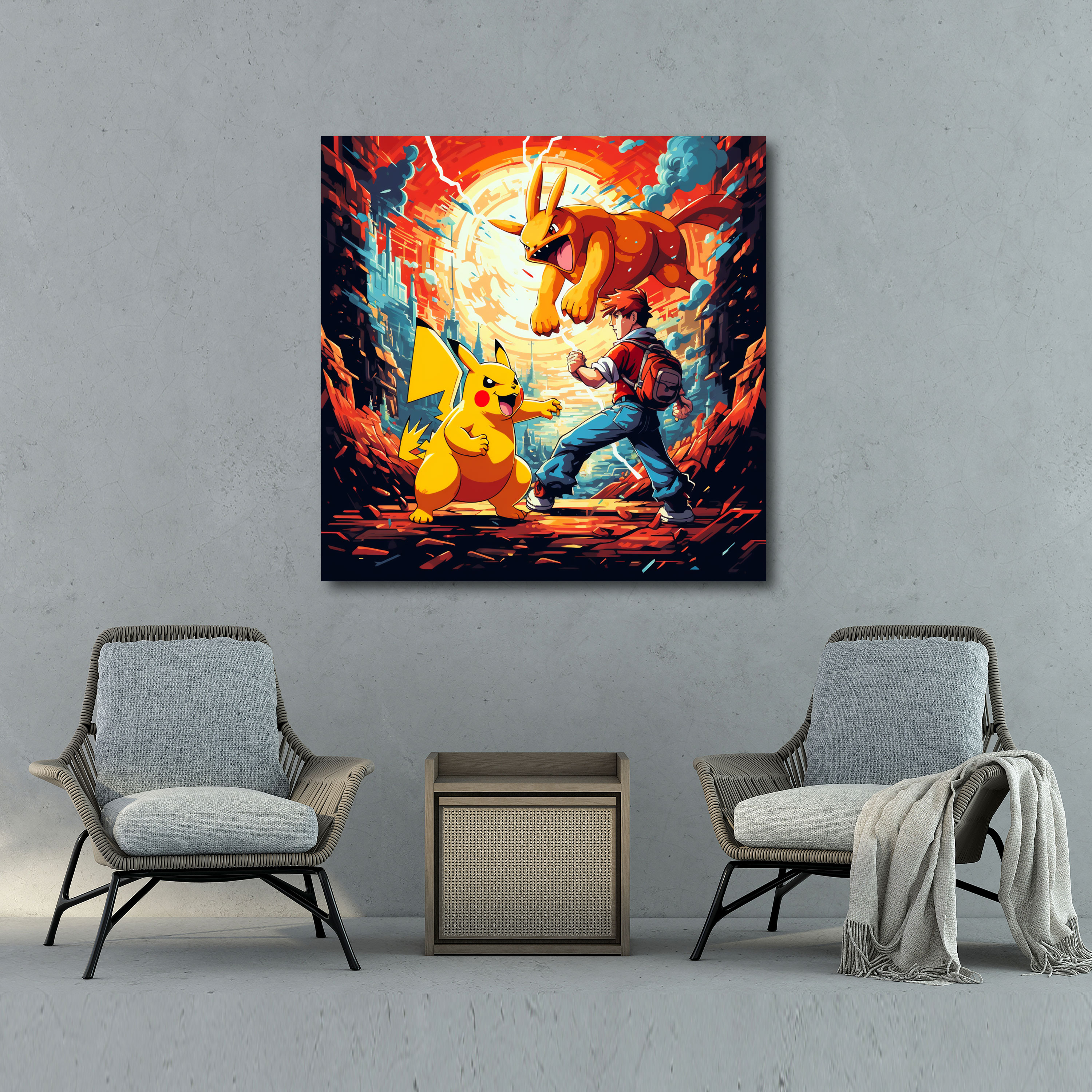 Pokemon Wall Art: Pikachu And Charizard In Retro Pixel Art - Pokemon, Pokemon, Action-Packed Battle, Retro Pixel Art