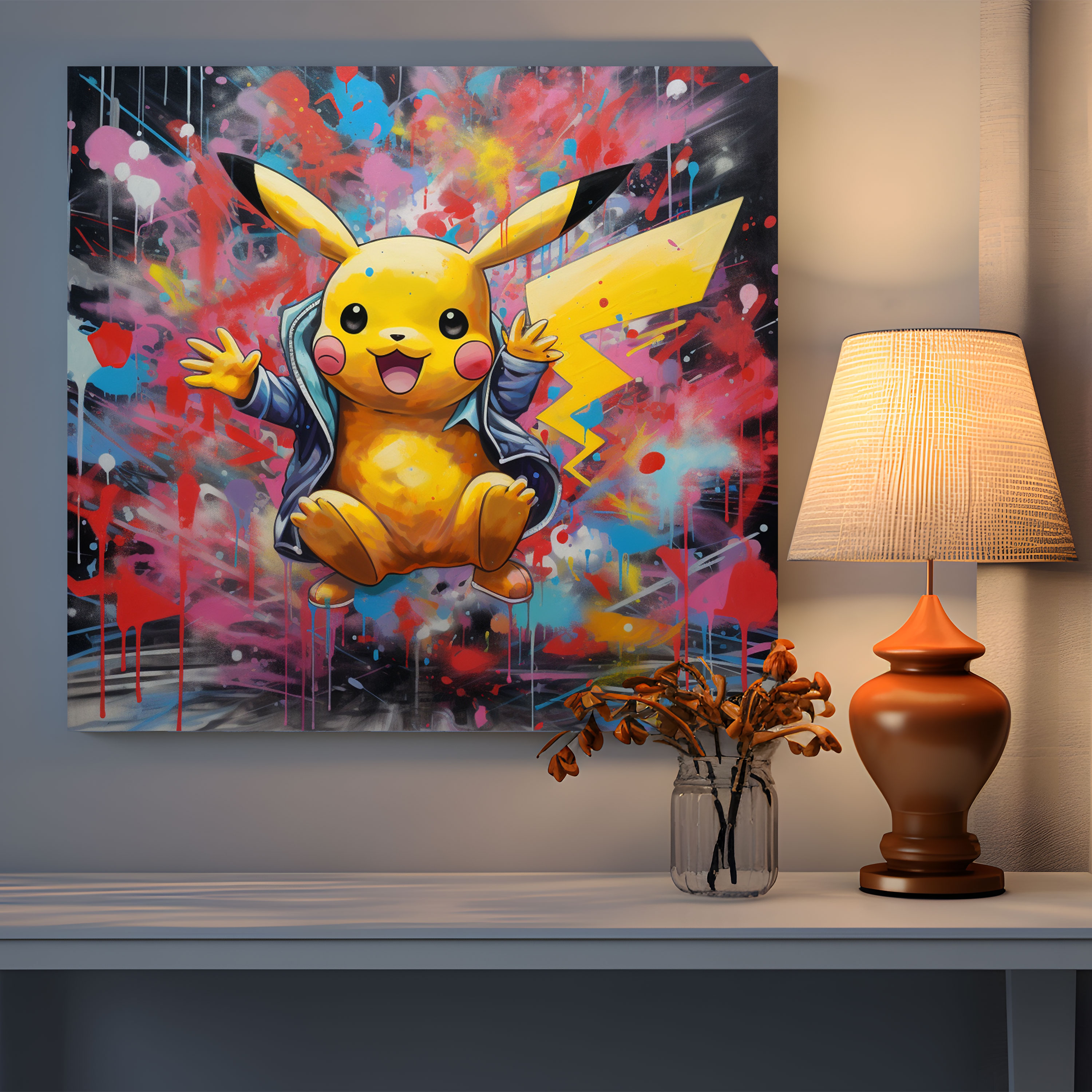 Pokemon Canvas Print - Graffiti-Style Pikachu Artwork - Pokemon, Dynamic Pose, Canvas Print, Wall Decoration