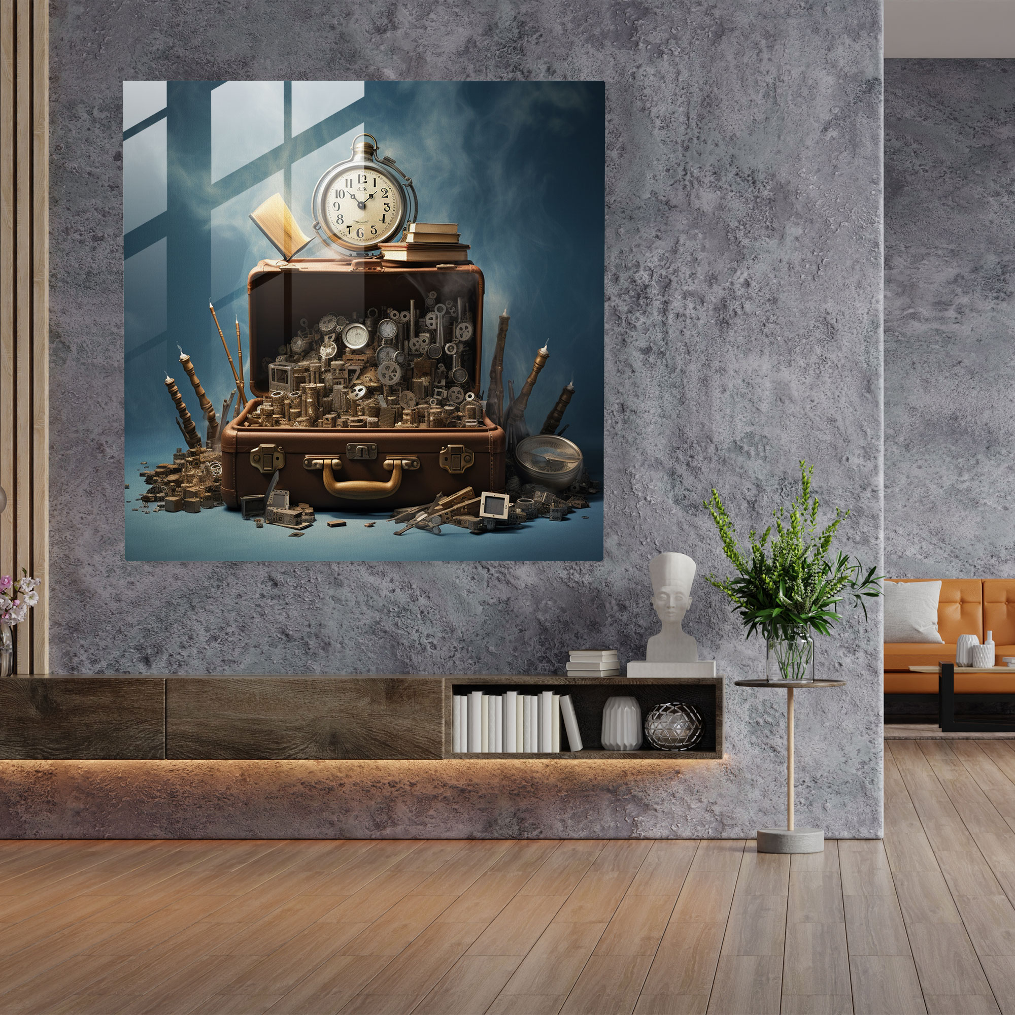 Pulp Fiction Glass Print: Surreal Melting Clock And Vintage Suitcases - Pulp Fiction, Melting Clock, Glass Wall Art, Glass Art