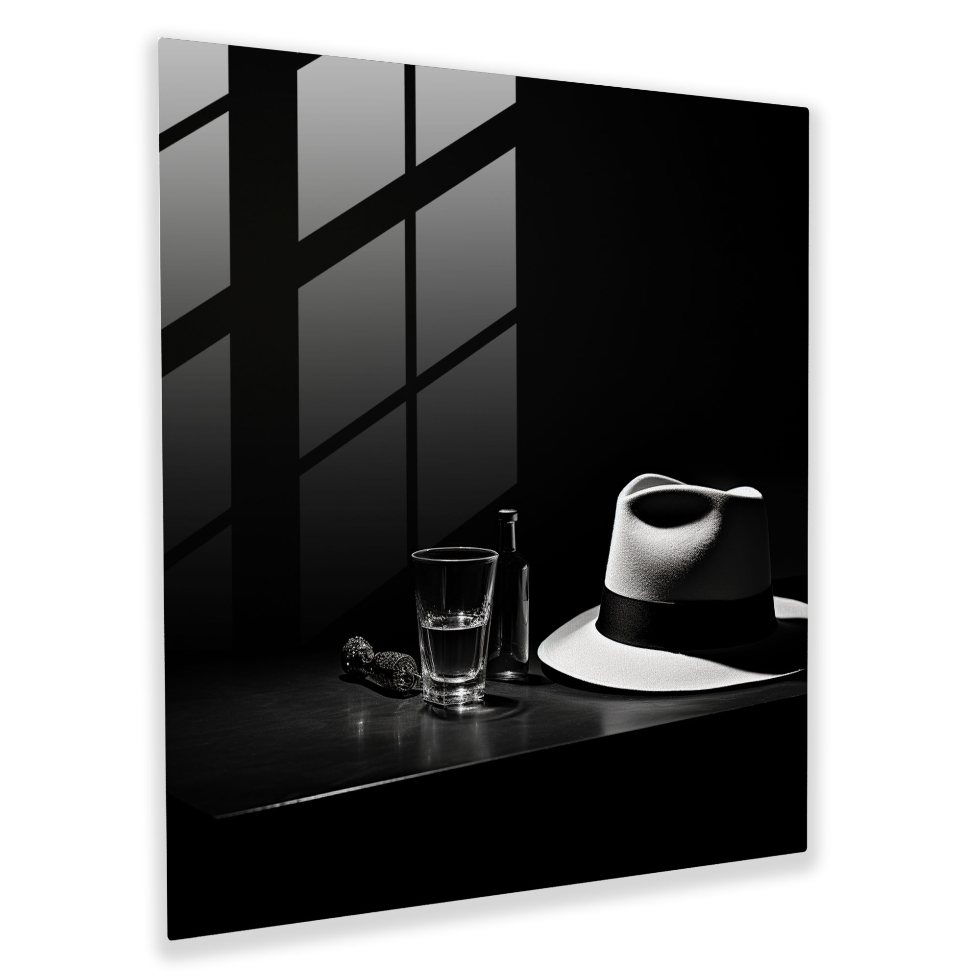 Pulp Fiction Glass Print: Minimalist Fedora Hat And Whiskey - Pulp Fiction, Pulp Fiction, Minimalist Design, Fedora Hat