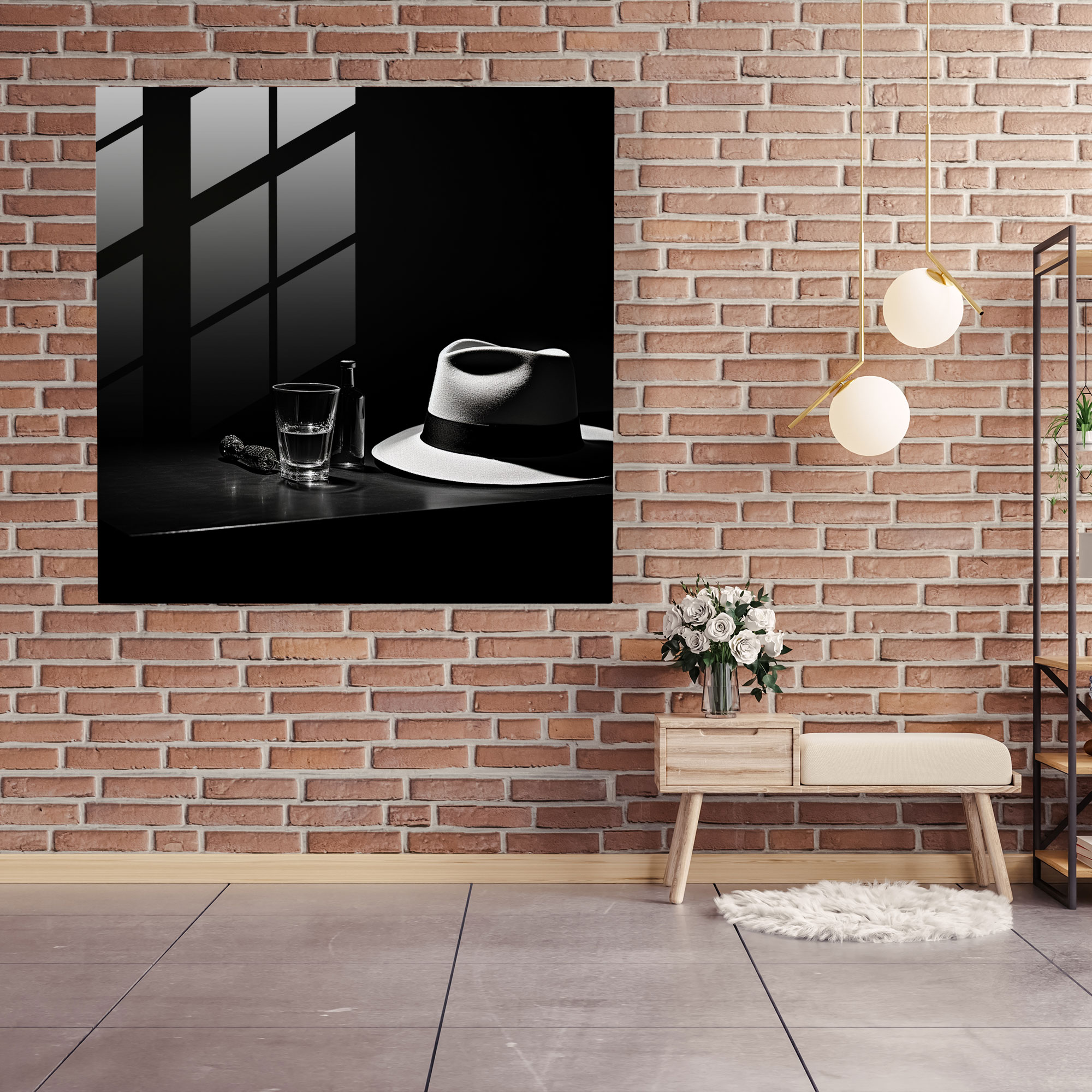 Pulp Fiction Glass Print: Minimalist Fedora Hat And Whiskey - Pulp Fiction, Pulp Fiction, Minimalist Design, Fedora Hat