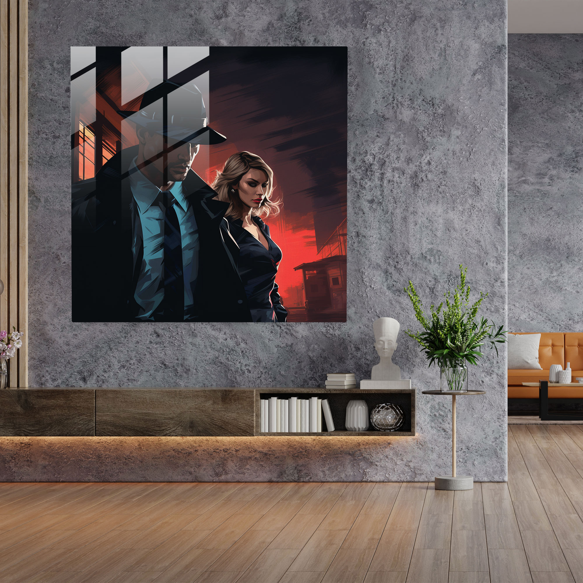 Karanlık Sokağın Retro Mafya ve Femme Fatale Portresi - Cam Tablo Ev Dekorasyonu için Pulp Fiction Sanatı