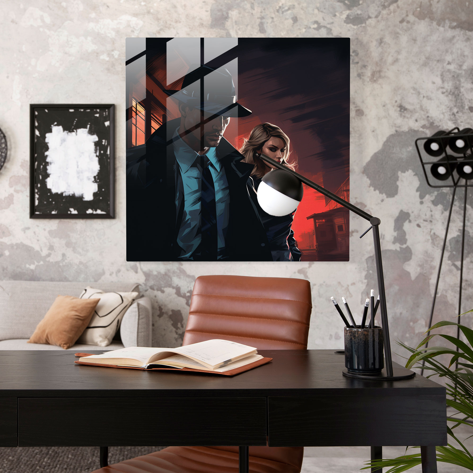 Karanlık Sokağın Retro Mafya ve Femme Fatale Portresi - Cam Tablo Ev Dekorasyonu için Pulp Fiction Sanatı