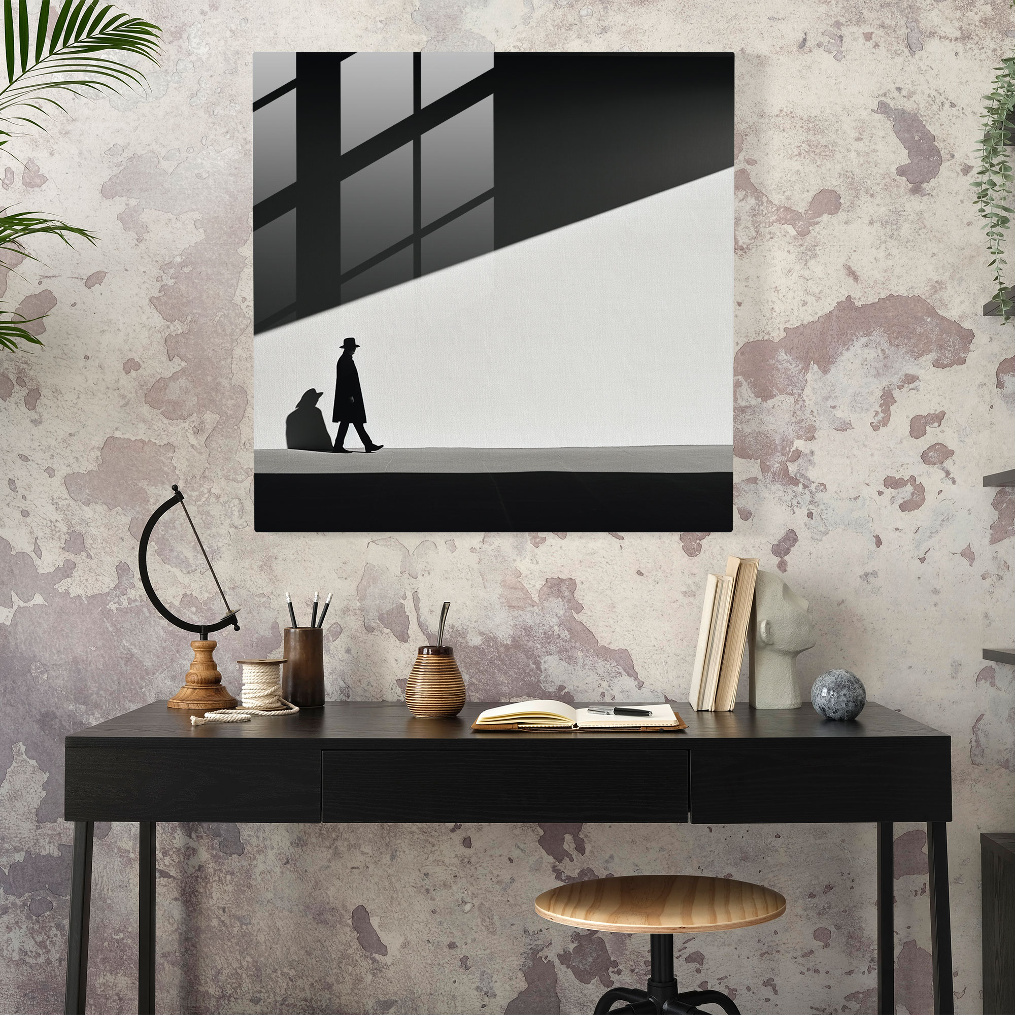 Gölge İçinde Minimalist Esrarengiz Figür Cam Tablo - Pulp Fiction Gölgeler Gerilim Modern Sanat