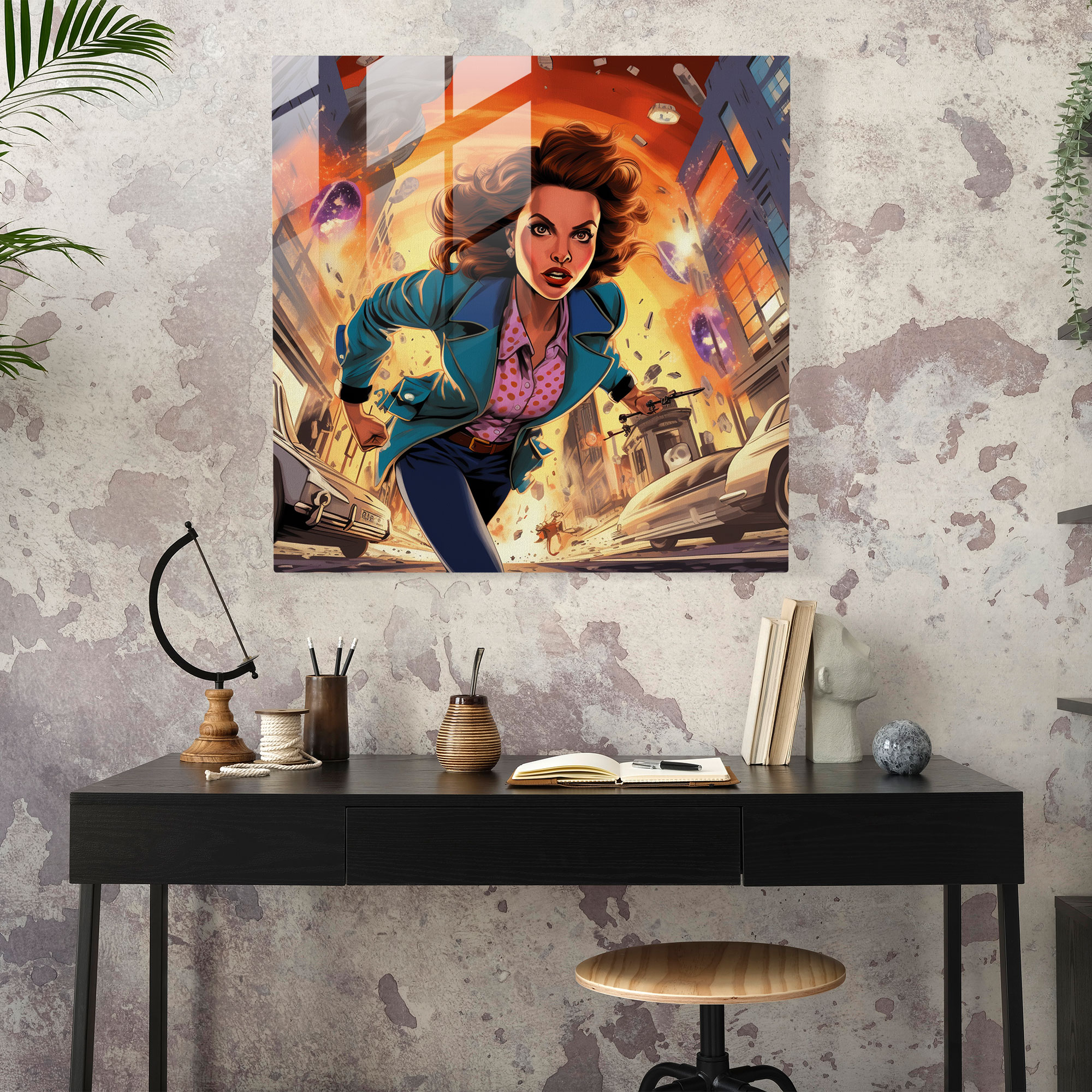 Comic Heroine Glass Print - Pulp Fiction, Retro, Glass Art, Modern Art