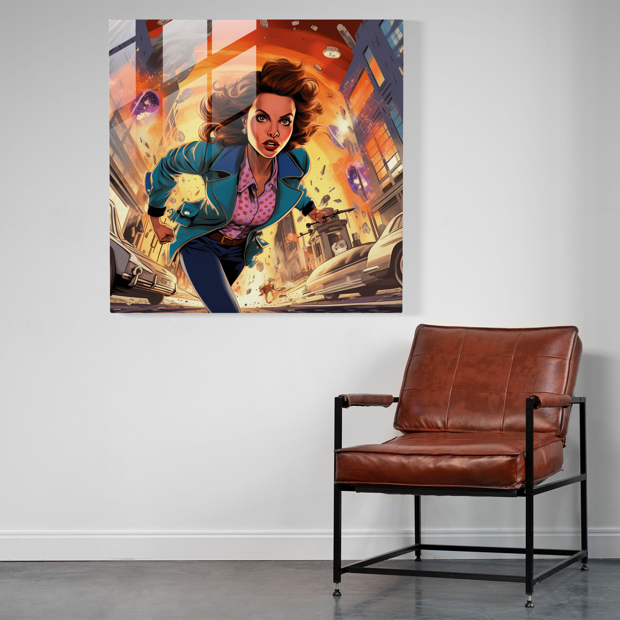 Comic Heroine Glass Print - Pulp Fiction, Retro, Glass Art, Modern Art