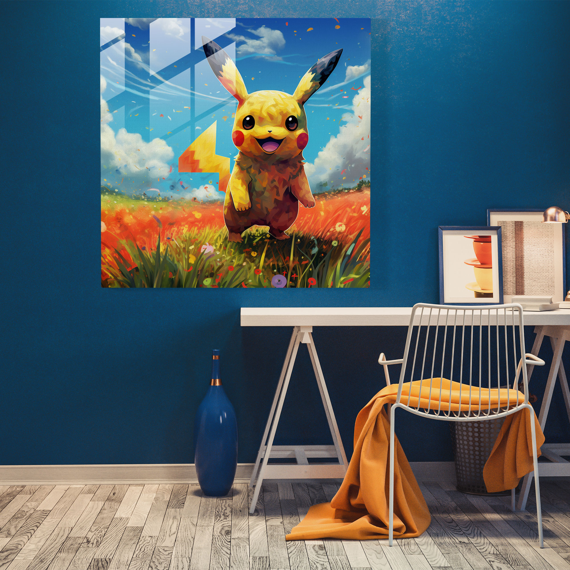 Pokemon Glass Print: Pikachu On Grass Field - Pokemon, Vibrant Colors, Pikachu, Home Decoration