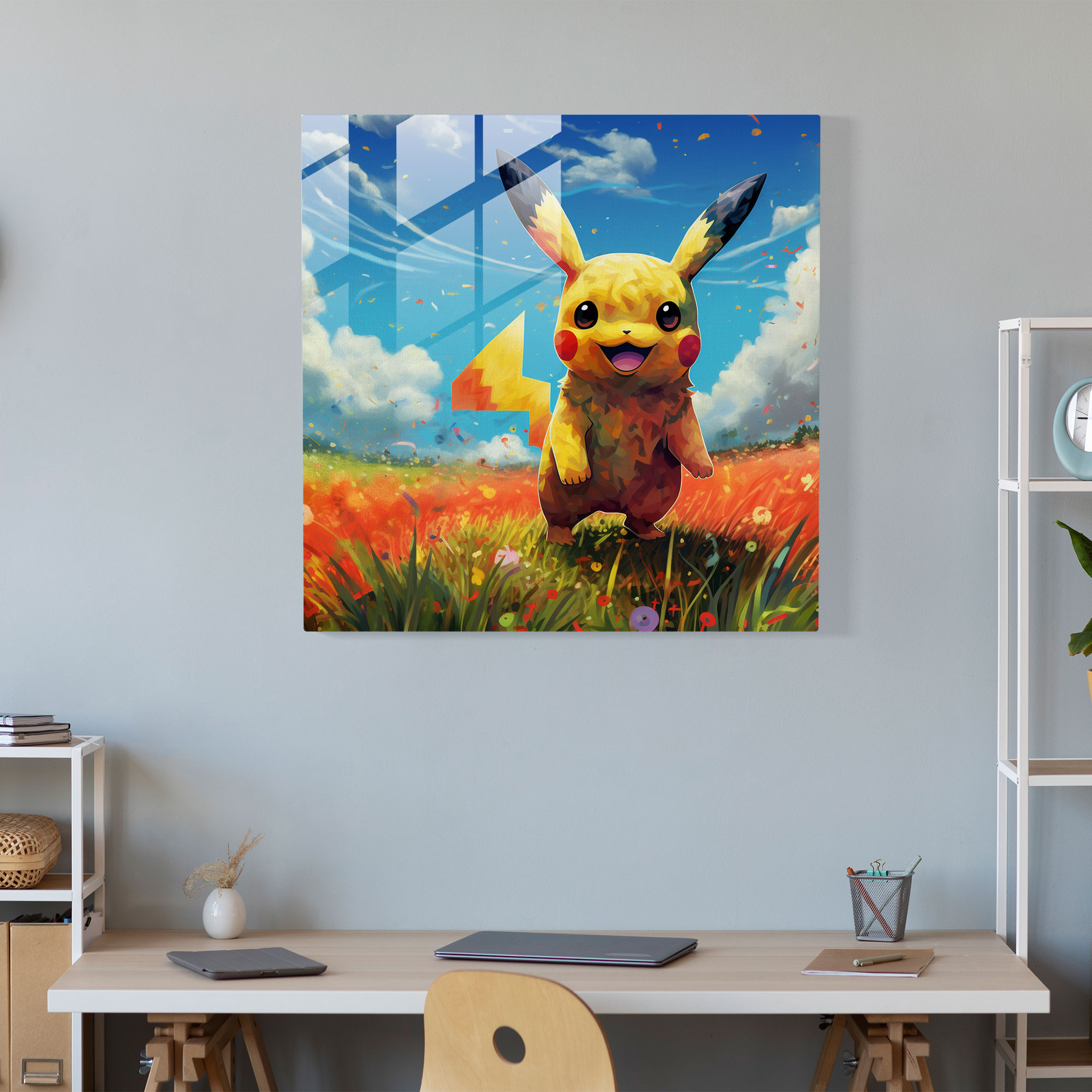 Pokemon Glass Print: Pikachu On Grass Field - Pokemon, Vibrant Colors, Pikachu, Home Decoration
