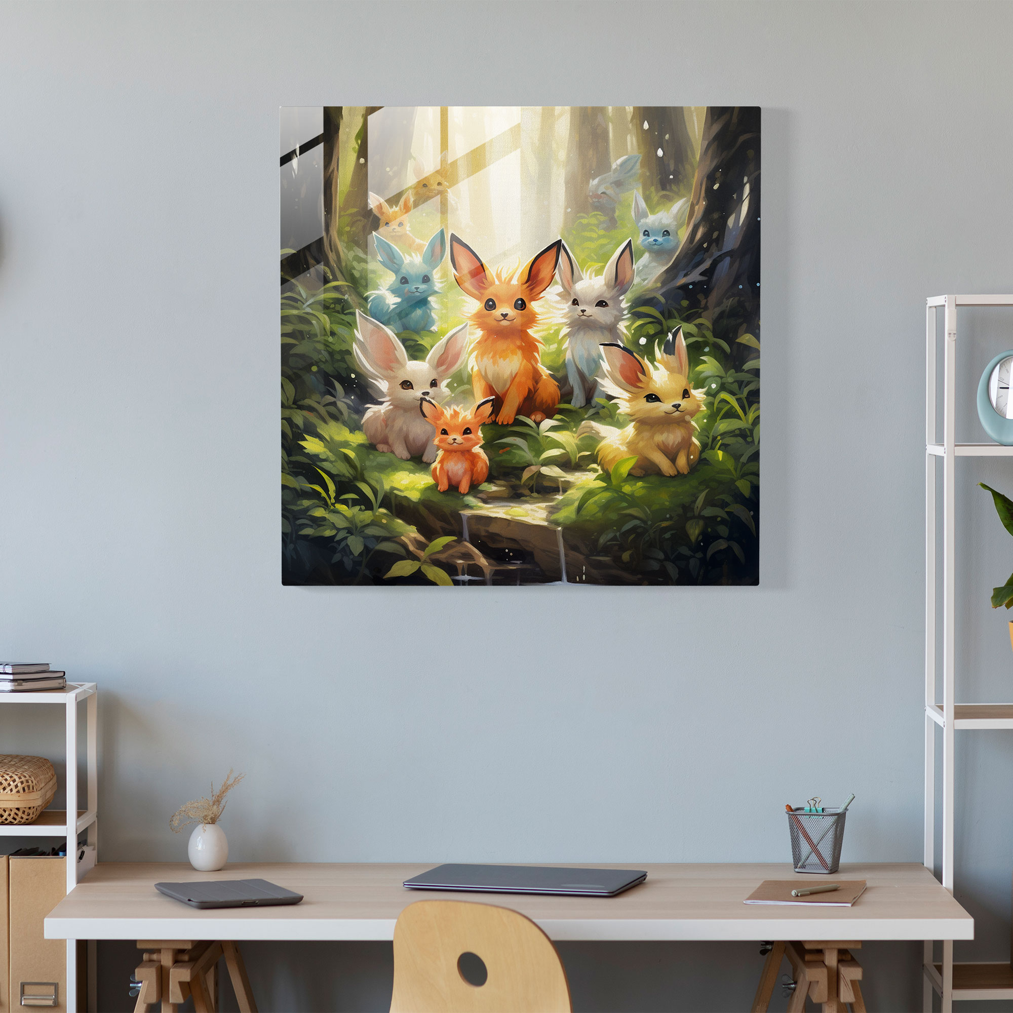 Pokemon Glass Print: Eevee Evolutions In Forest - Pokemon, Watercolor Painting, Glass Wall Art, Glass Print