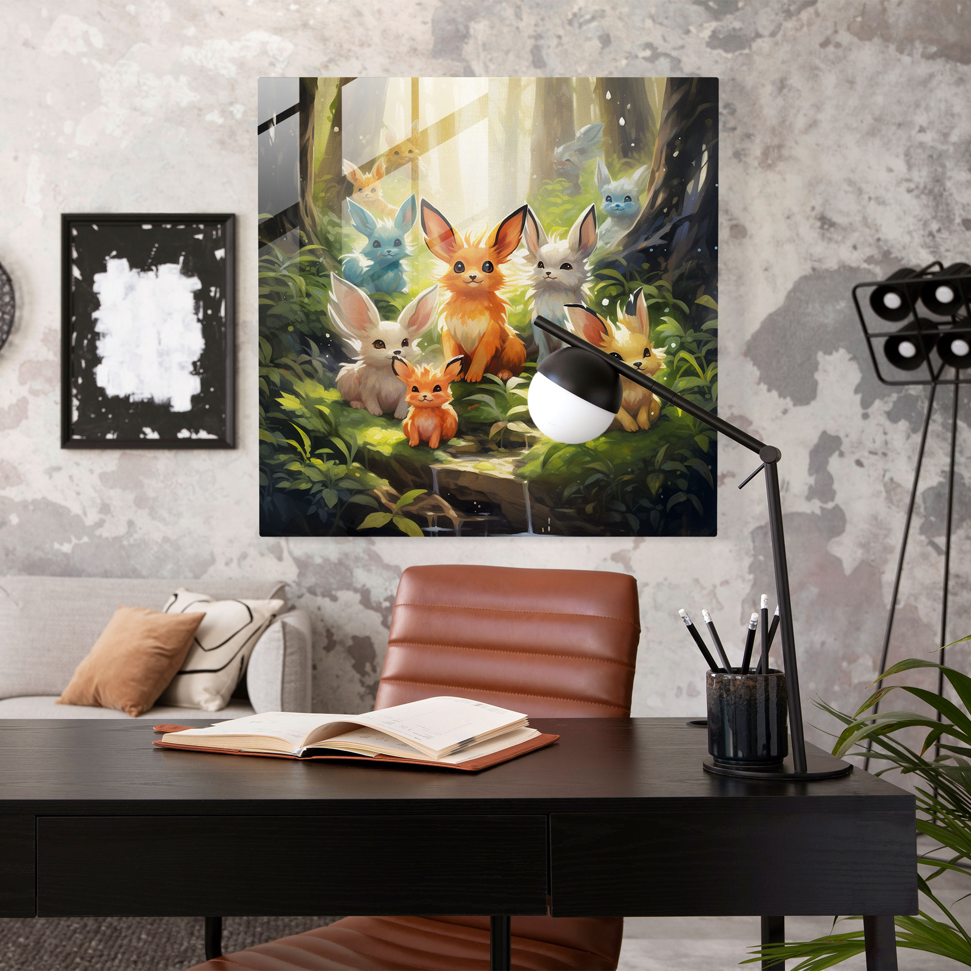 Pokemon Glass Print: Eevee Evolutions In Forest - Pokemon, Watercolor Painting, Glass Wall Art, Glass Print