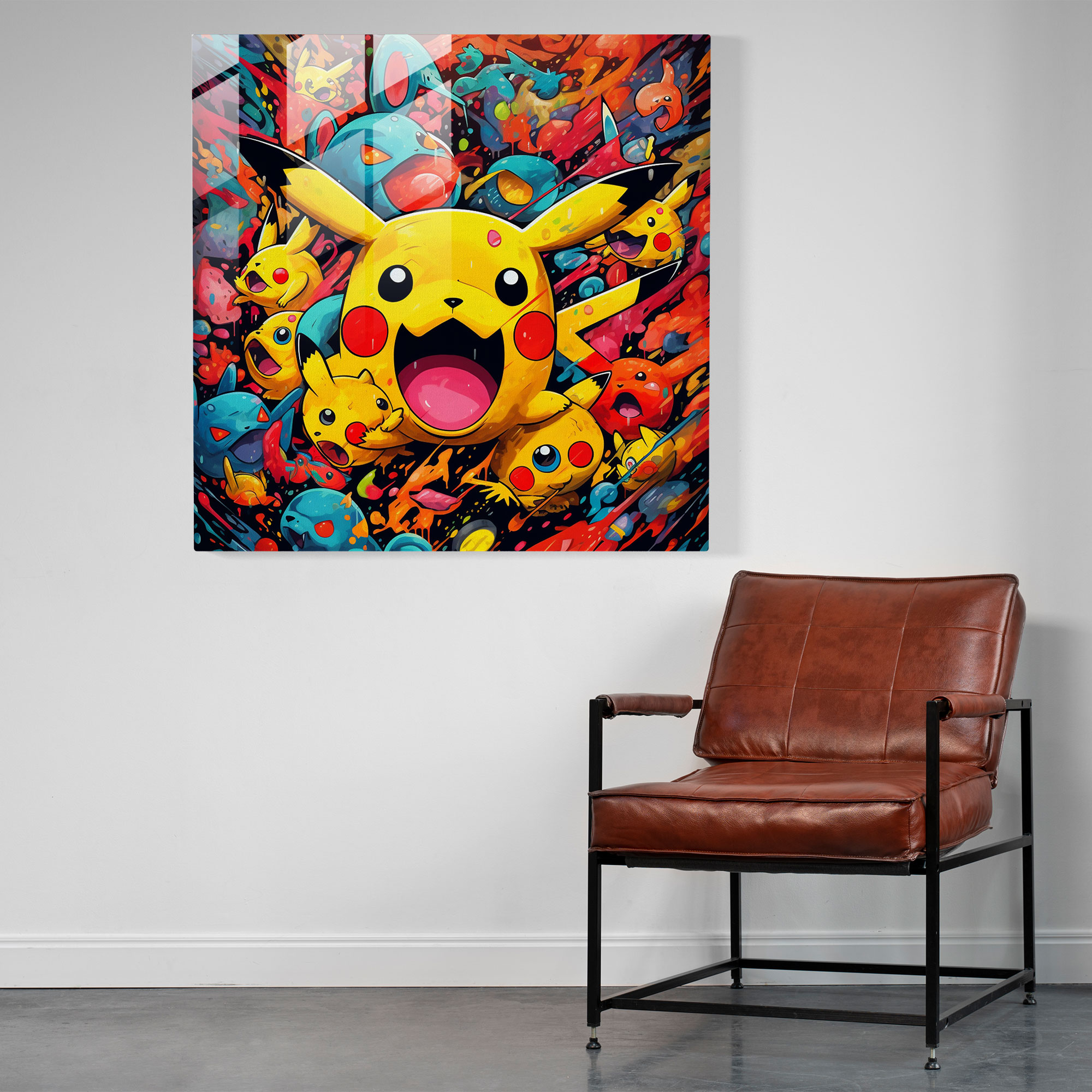 Pokemon Glass Print: Pikachu Pop Art Collage - Pokemon, Home Decoration, Bold Colors, Pop Art Illustration