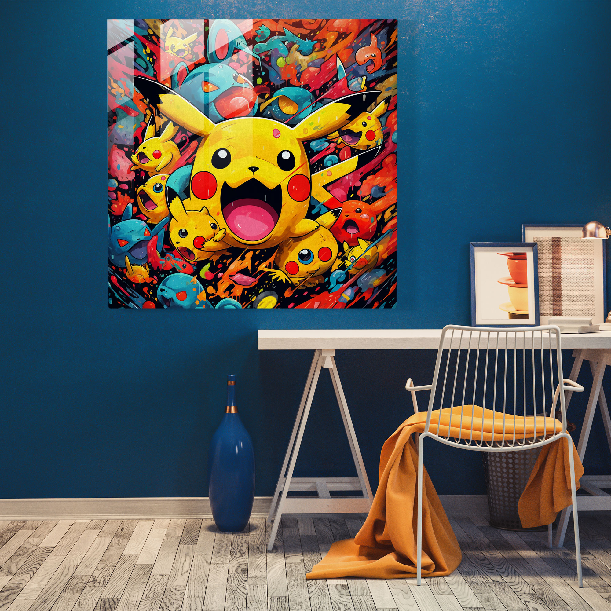 Pokemon Glass Print: Pikachu Pop Art Collage - Pokemon, Home Decoration, Bold Colors, Pop Art Illustration