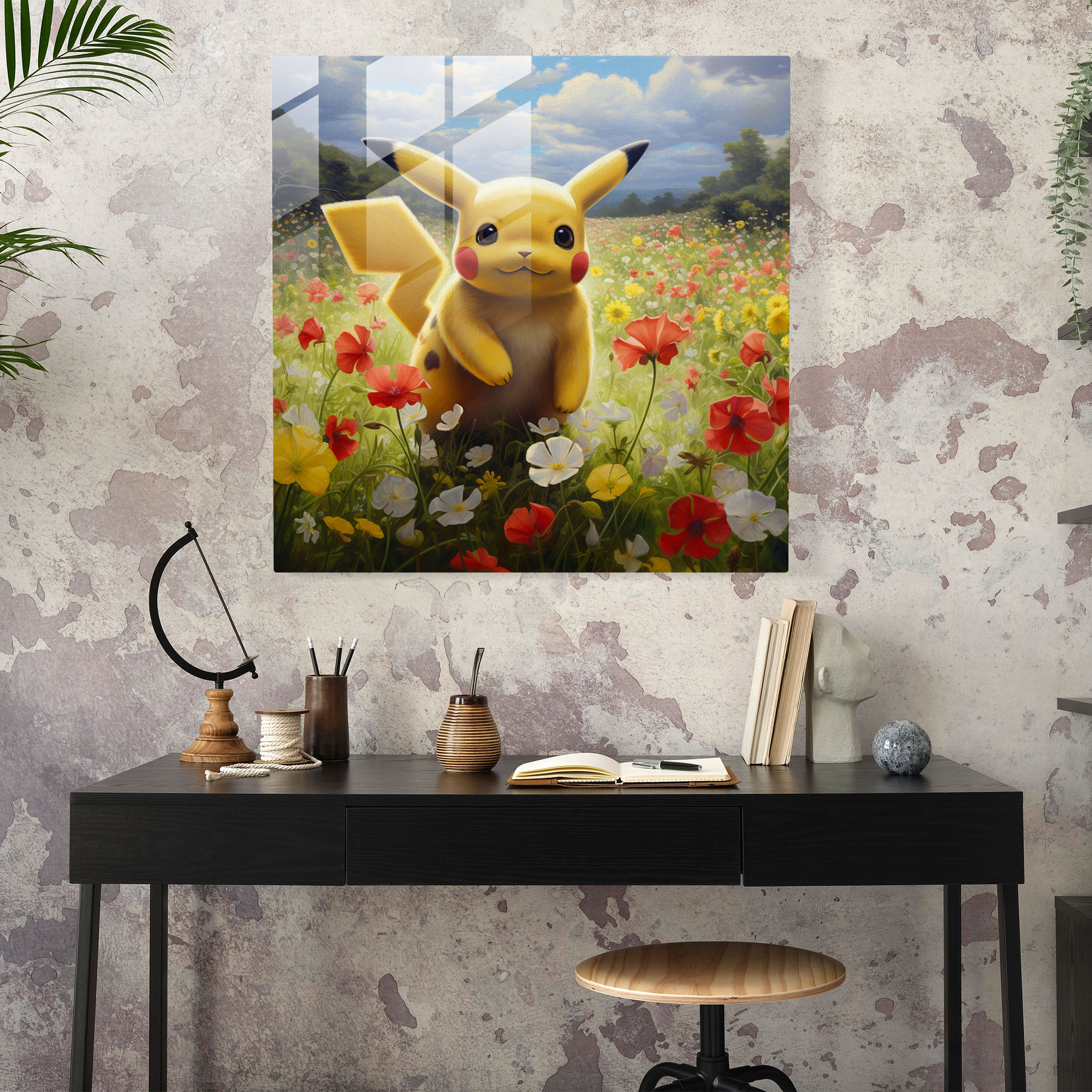 Pikachu Yağlı Boya Cam Tablo - Pokemon Ev Dekorasyonu Doğa Cam Duvar Sanatı