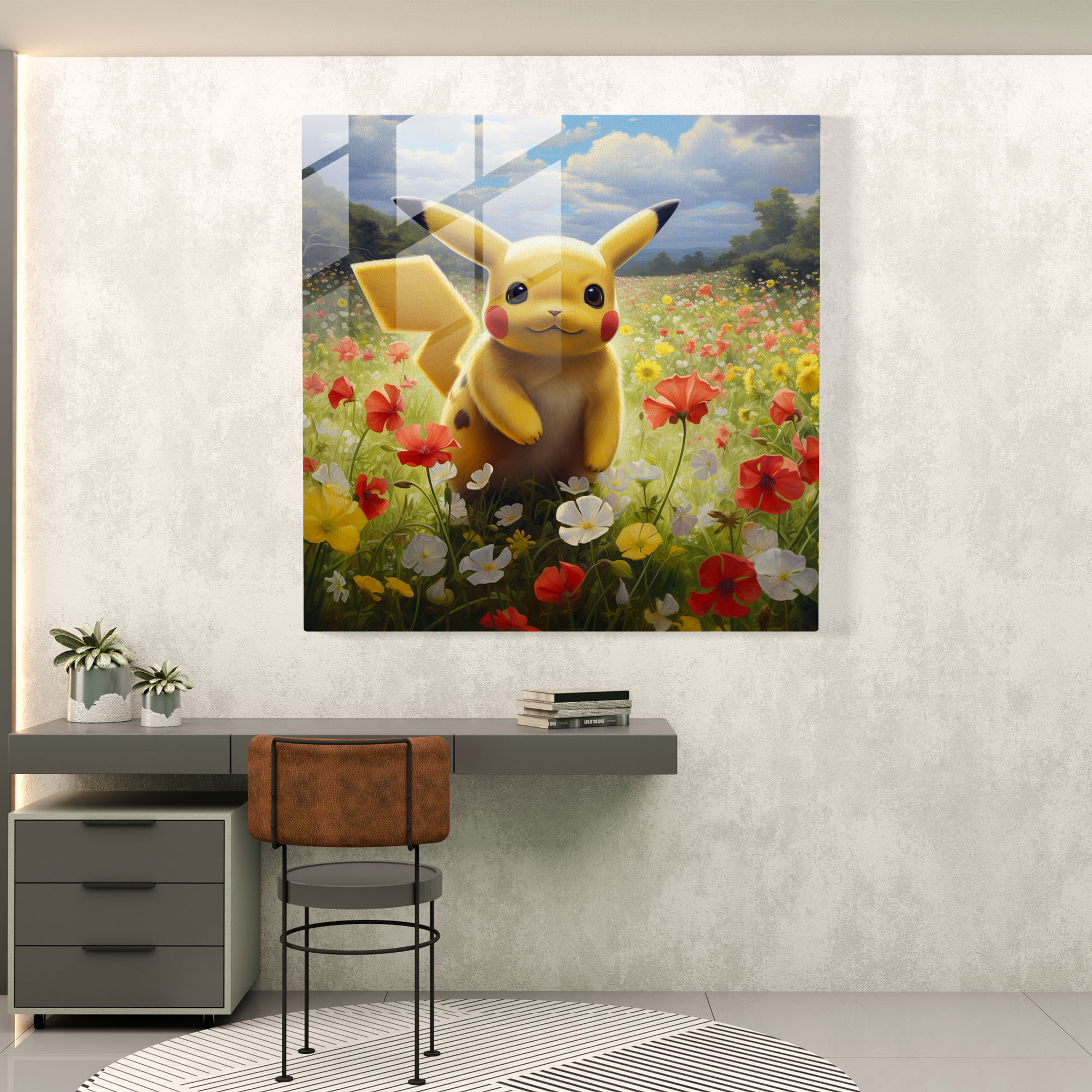 Pikachu Yağlı Boya Cam Tablo - Pokemon Ev Dekorasyonu Doğa Cam Duvar Sanatı