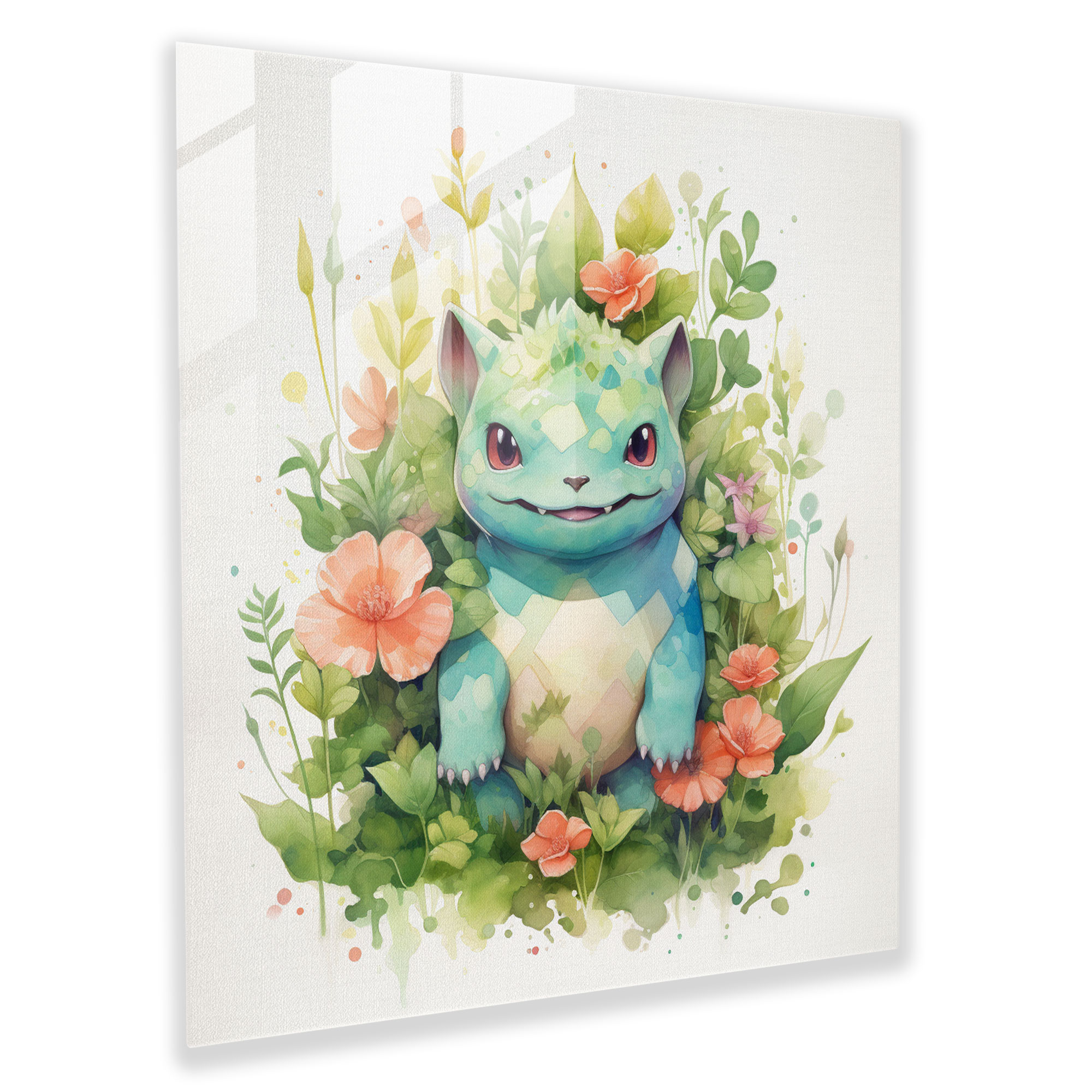 Pokemon Glass Print - Watercolor Bulbasaur - Pokemon, Glass Art, Blooming Flowers, Bulbasaur