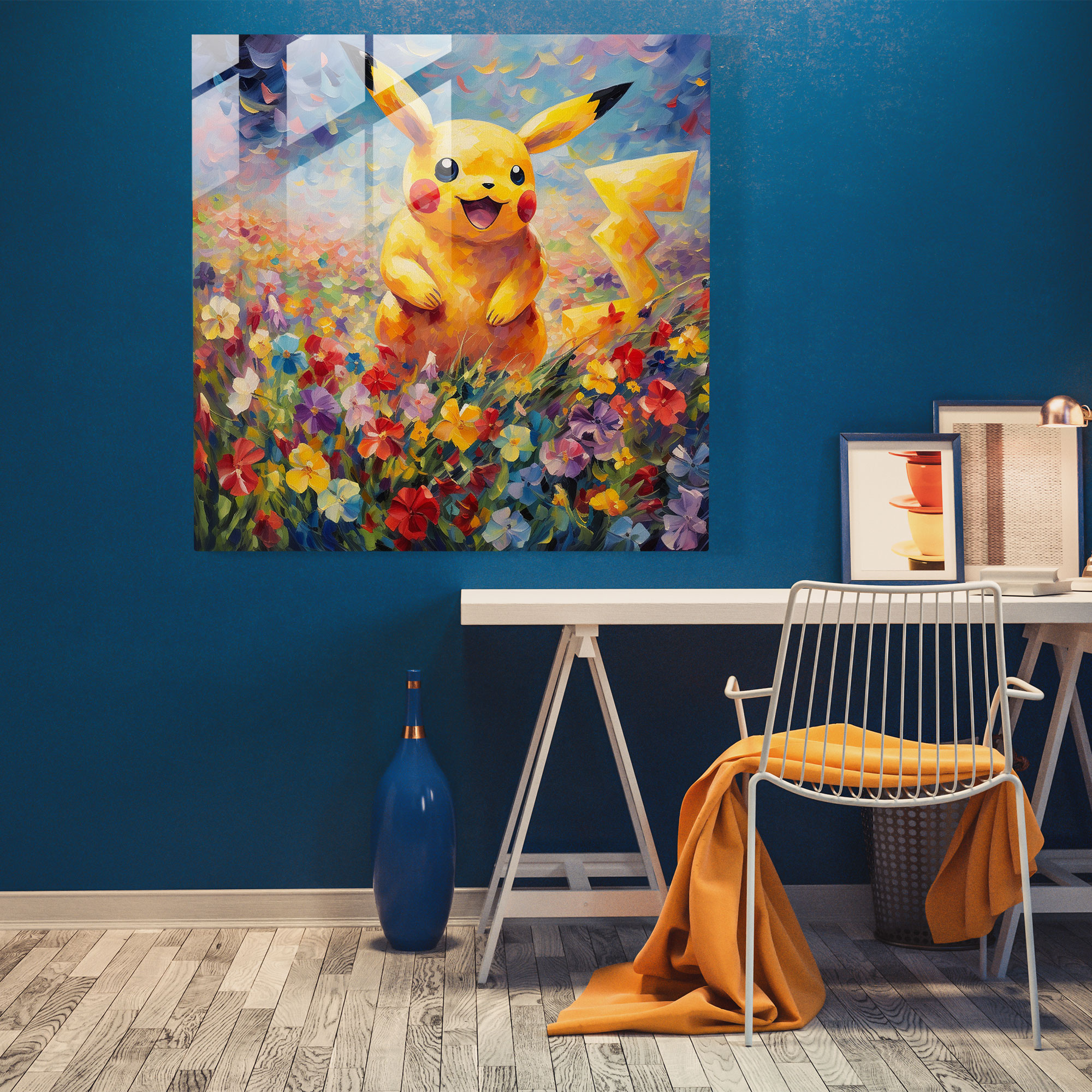 Pokemon Glass Print - Impressionist Pikachu - Pokemon, Home Decoration, Colorful Flowers, Glass Wall Art