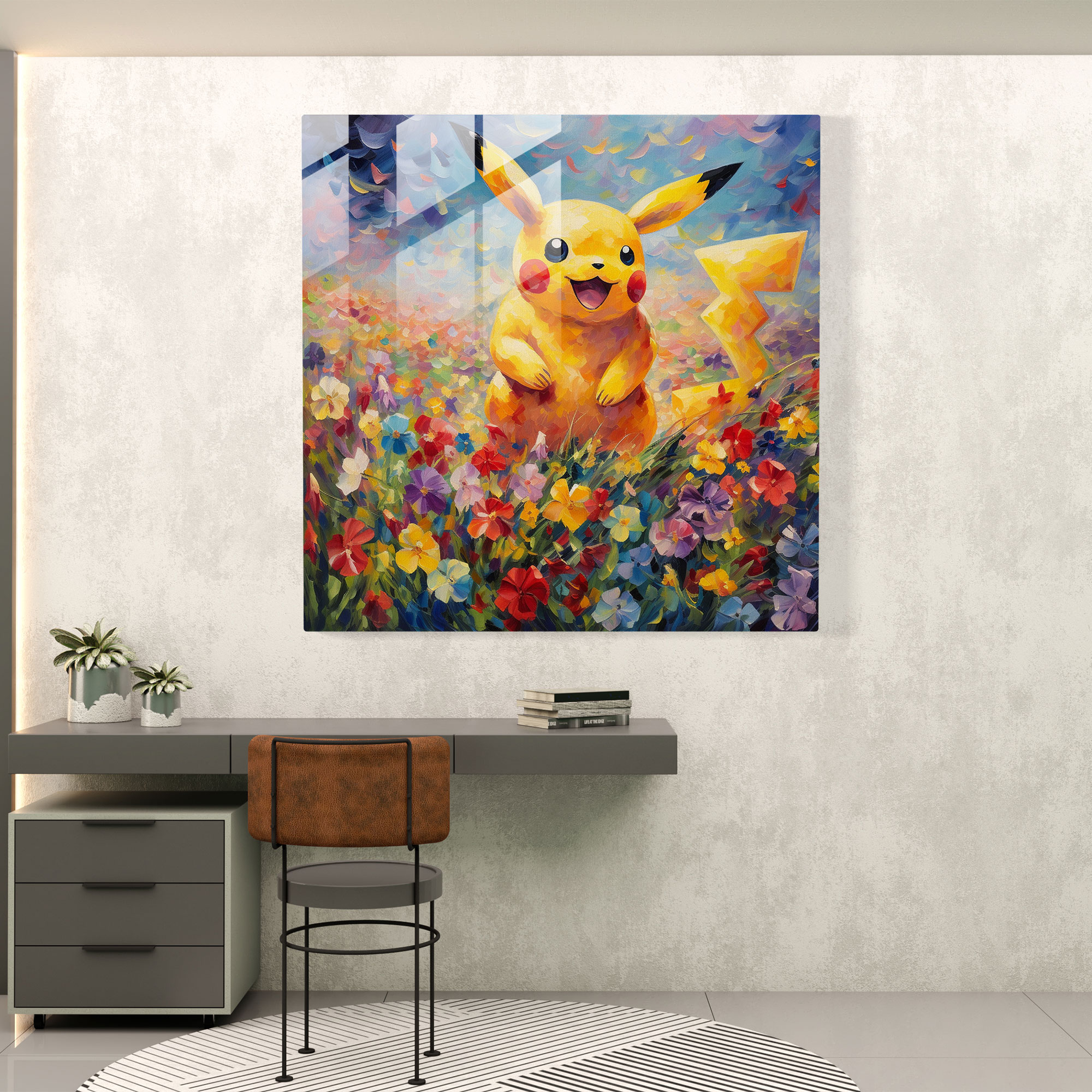 Pokemon Glass Print - Impressionist Pikachu - Pokemon, Home Decoration, Colorful Flowers, Glass Wall Art