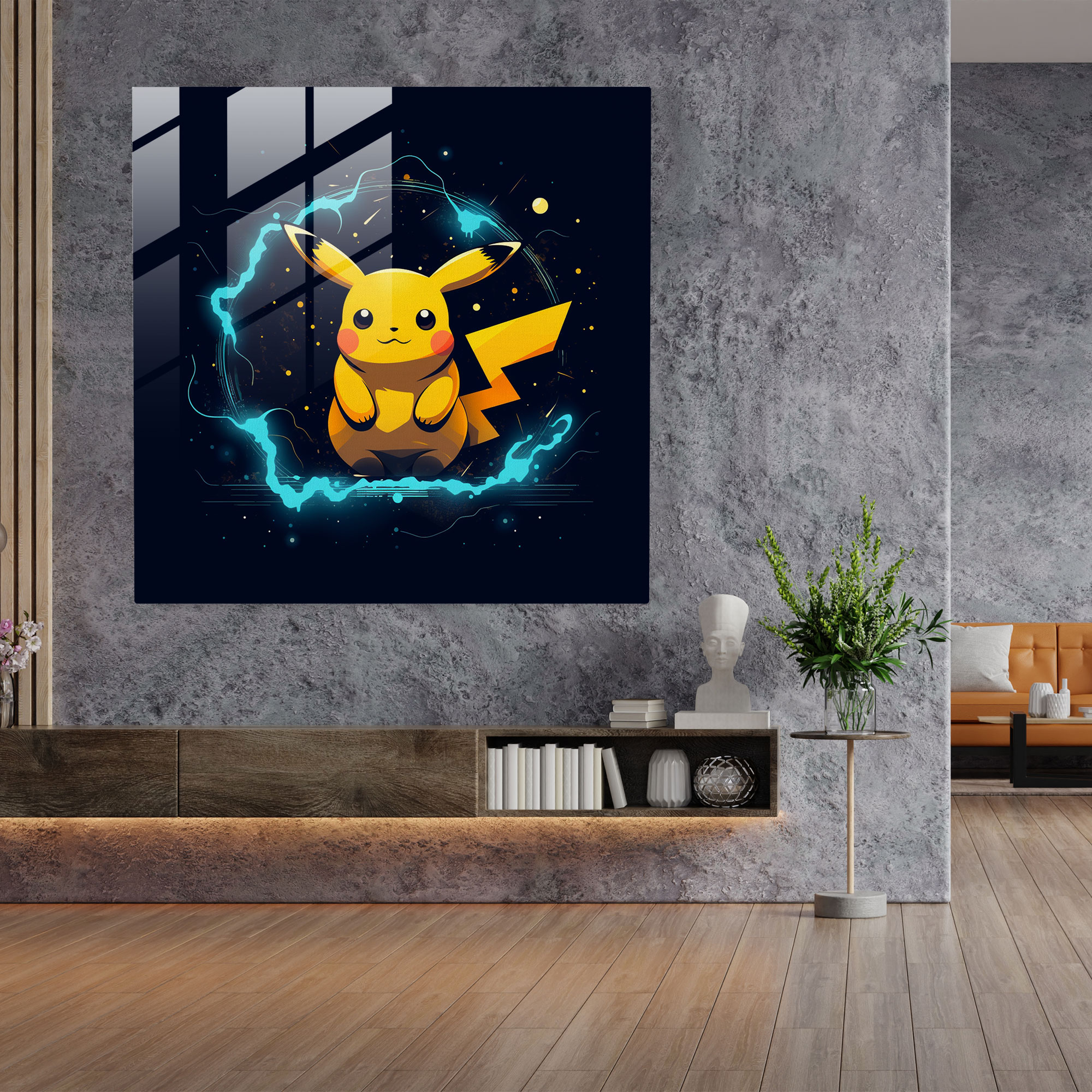 Pokemon Pikachu Line Art Glass Print - Pokemon, Minimalist, Electric Energy, Pokemon