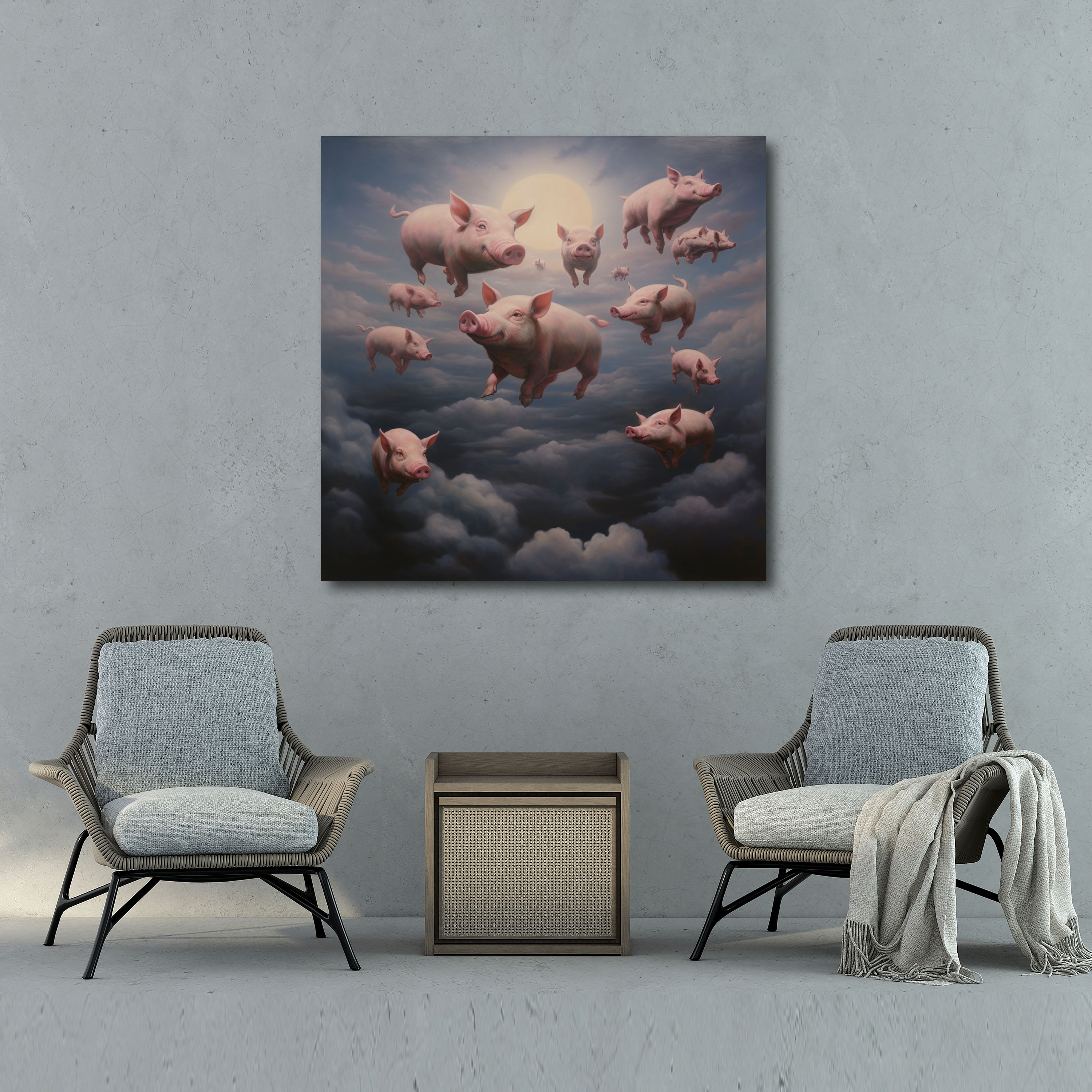 Leinwandbild Pink Floyd - Surrealistische schwebende Schweine Wandkunst - Pink Floyd schwebende Schweine surrealistisch Leinwandbild