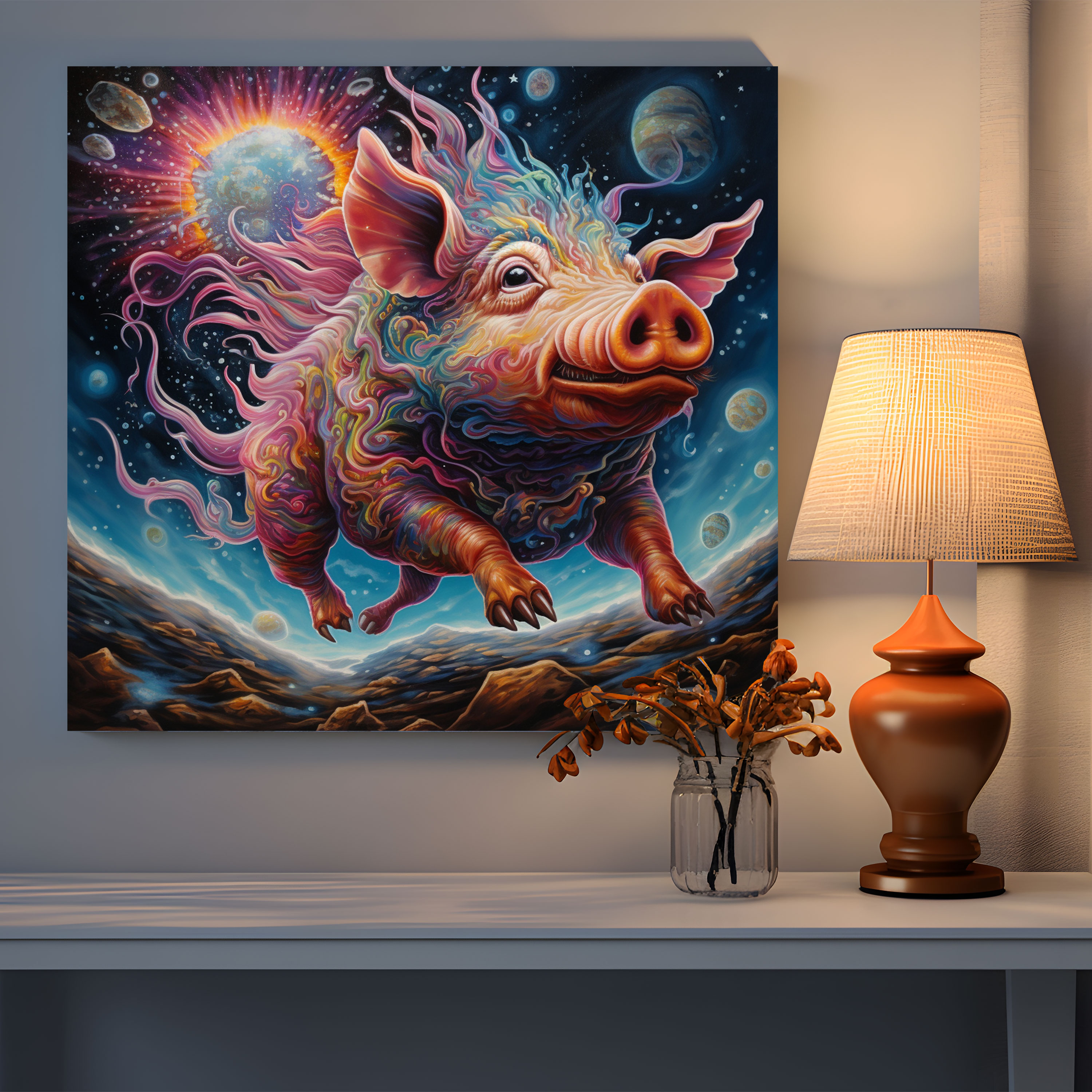 Pink Floyd Canvas Print - Trippy Psychedelic Flying Pig - Pink Floyd, Cosmic Landscape, Home Decoration, Canvas Print