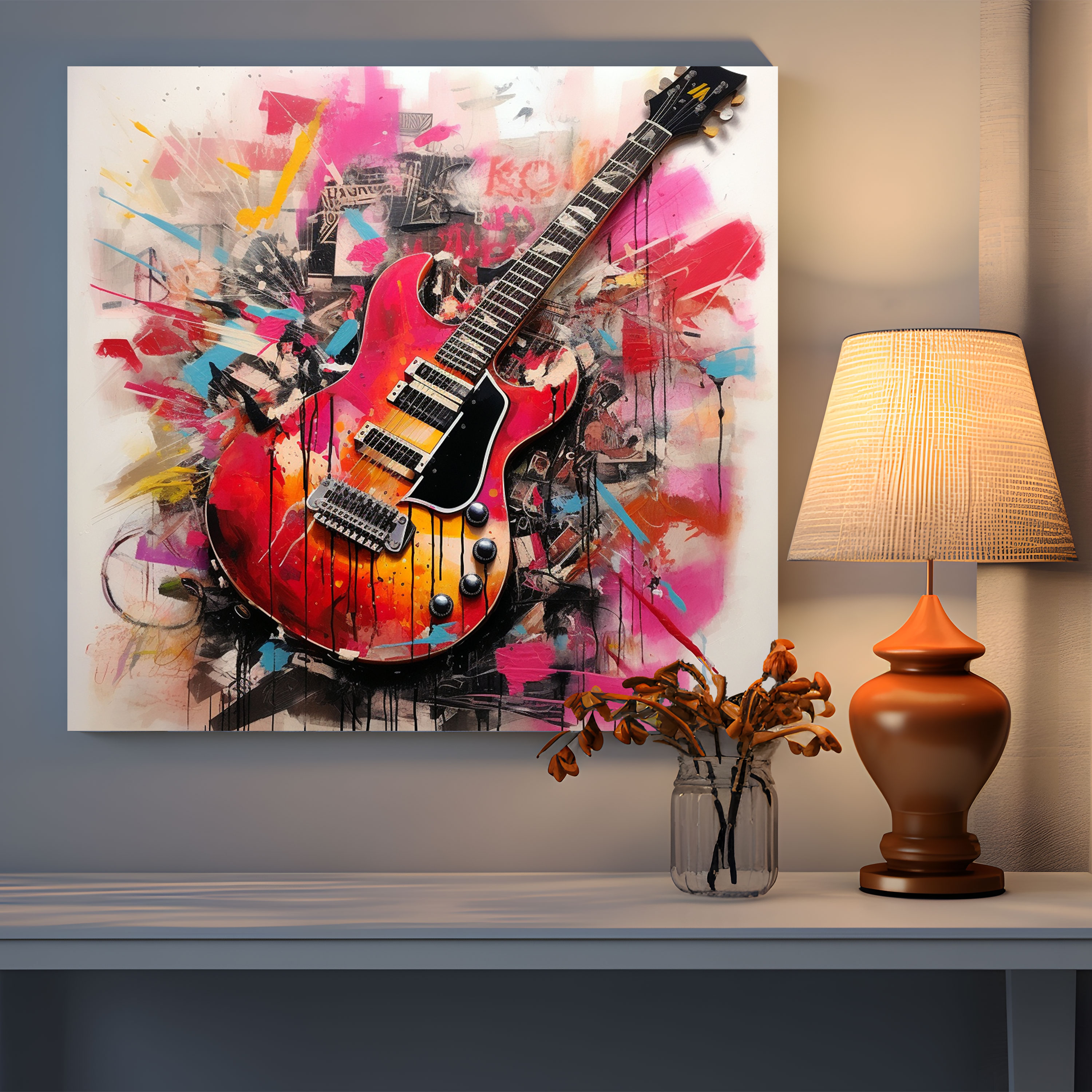 Pink Floyd Leinwandbild - Gitarre und Textzusammensetzung - Pink Floyd Leinwandbild Mixed Media Texte