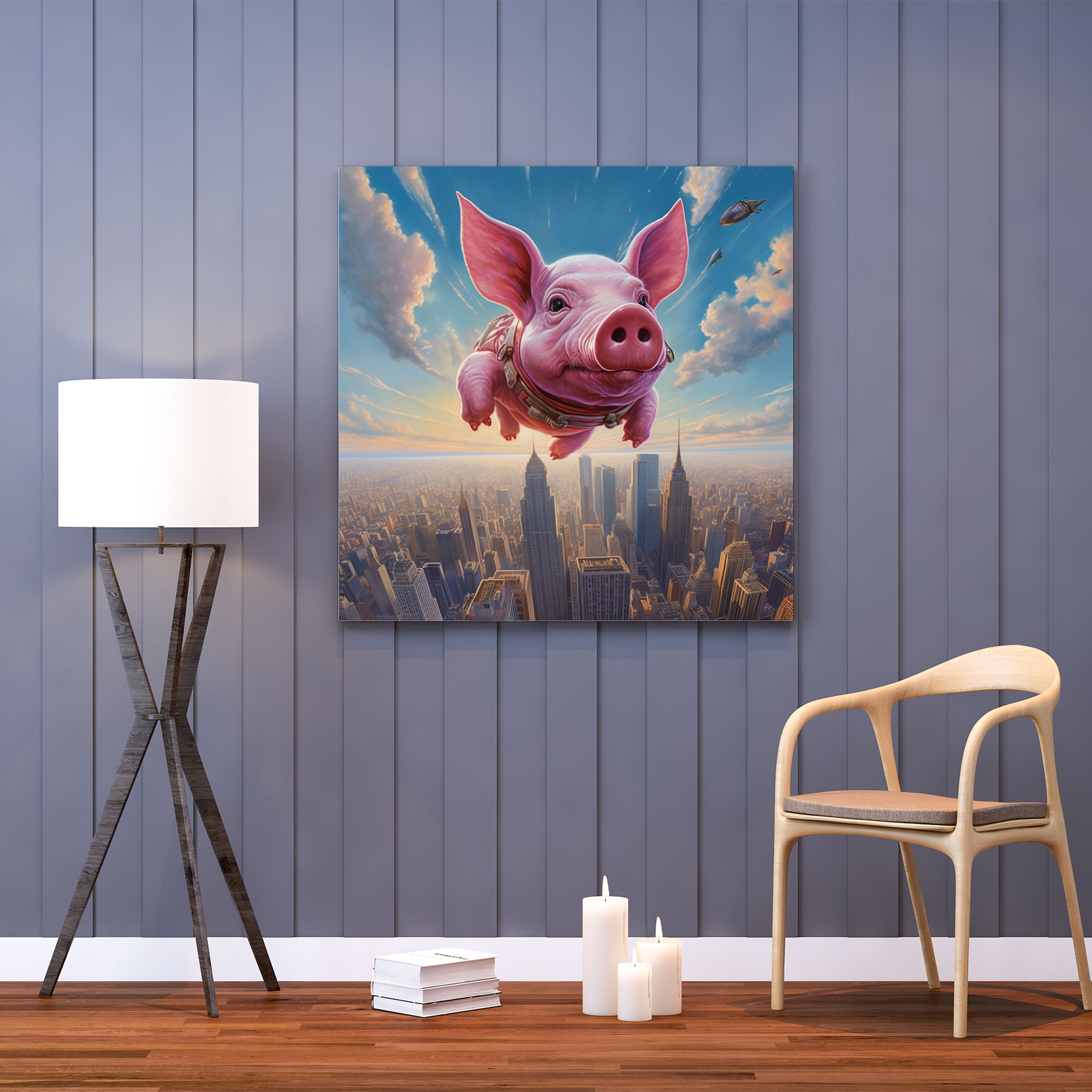 Pink Floyd Wandkunst - Surreales Fliegendes Schwein Leinwandbild - Pink Floyd Leinwand Schwein in der Luft Leinwand Wandkunst