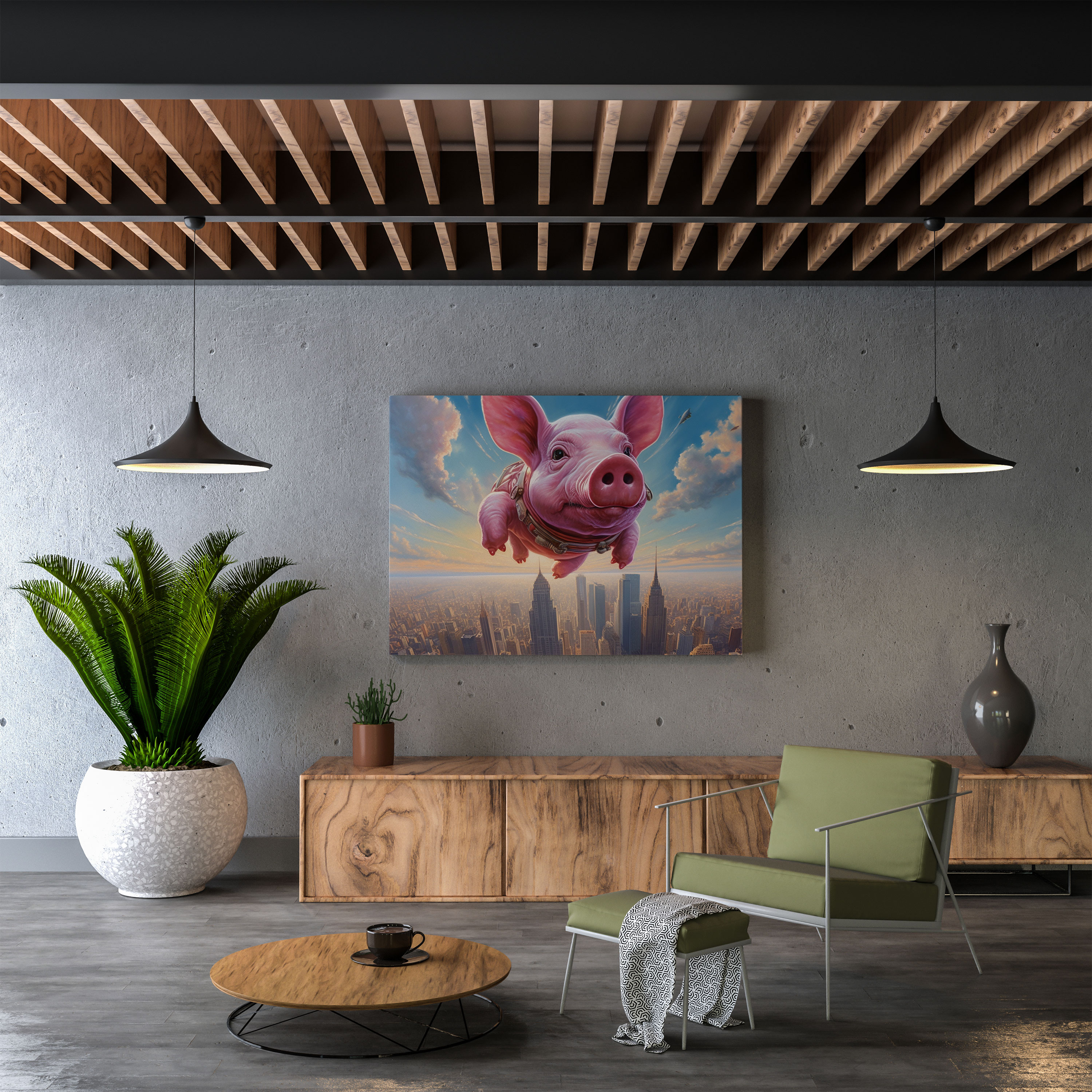 Pink Floyd Wandkunst - Surreales Fliegendes Schwein Leinwandbild - Pink Floyd Leinwand Schwein in der Luft Leinwand Wandkunst