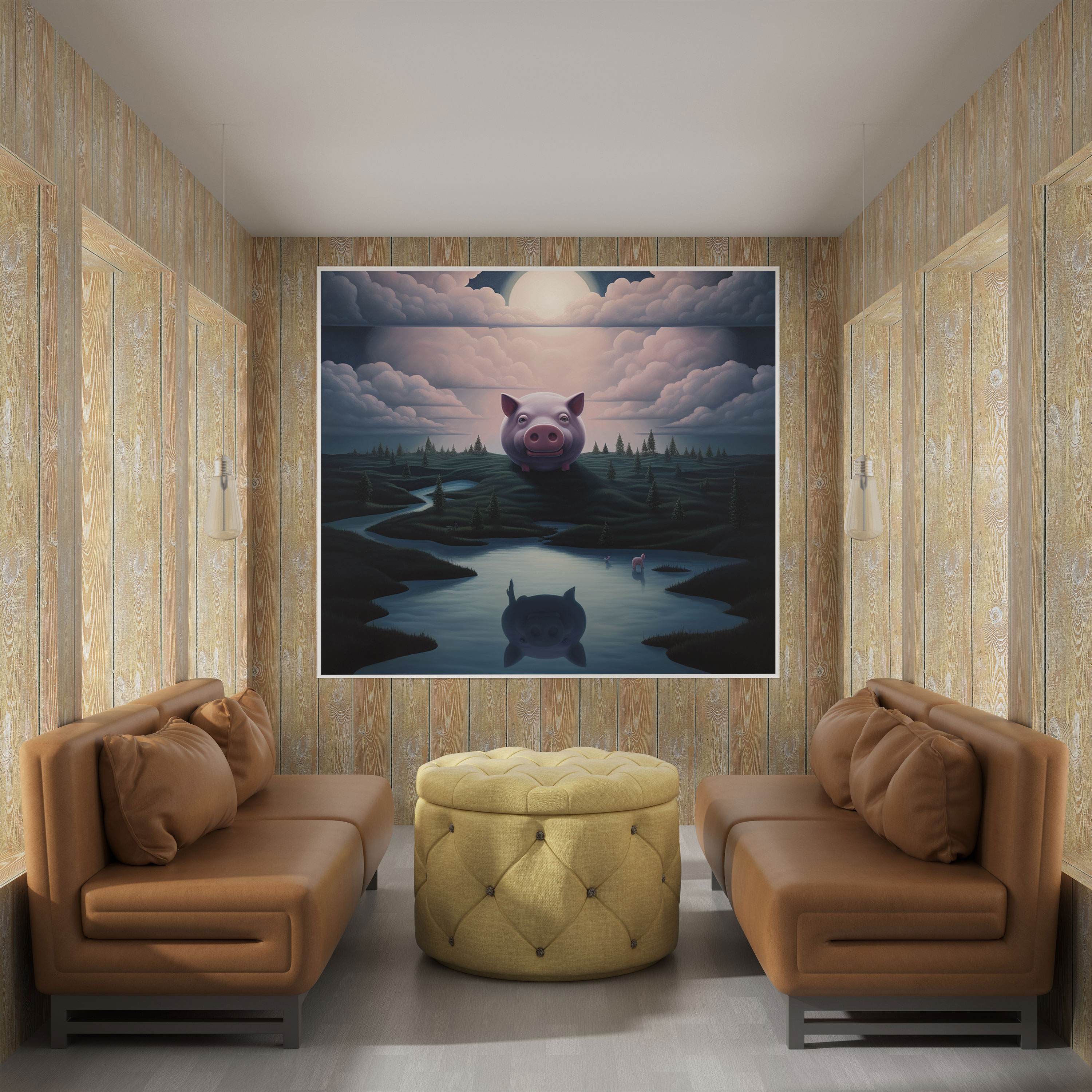 Rosa Floyd Wandkunst - Surreale Mondlandschaft mit schwebendem Schwein - Rosa Floyd Ölgemälde Mondlandschaft Leinwand