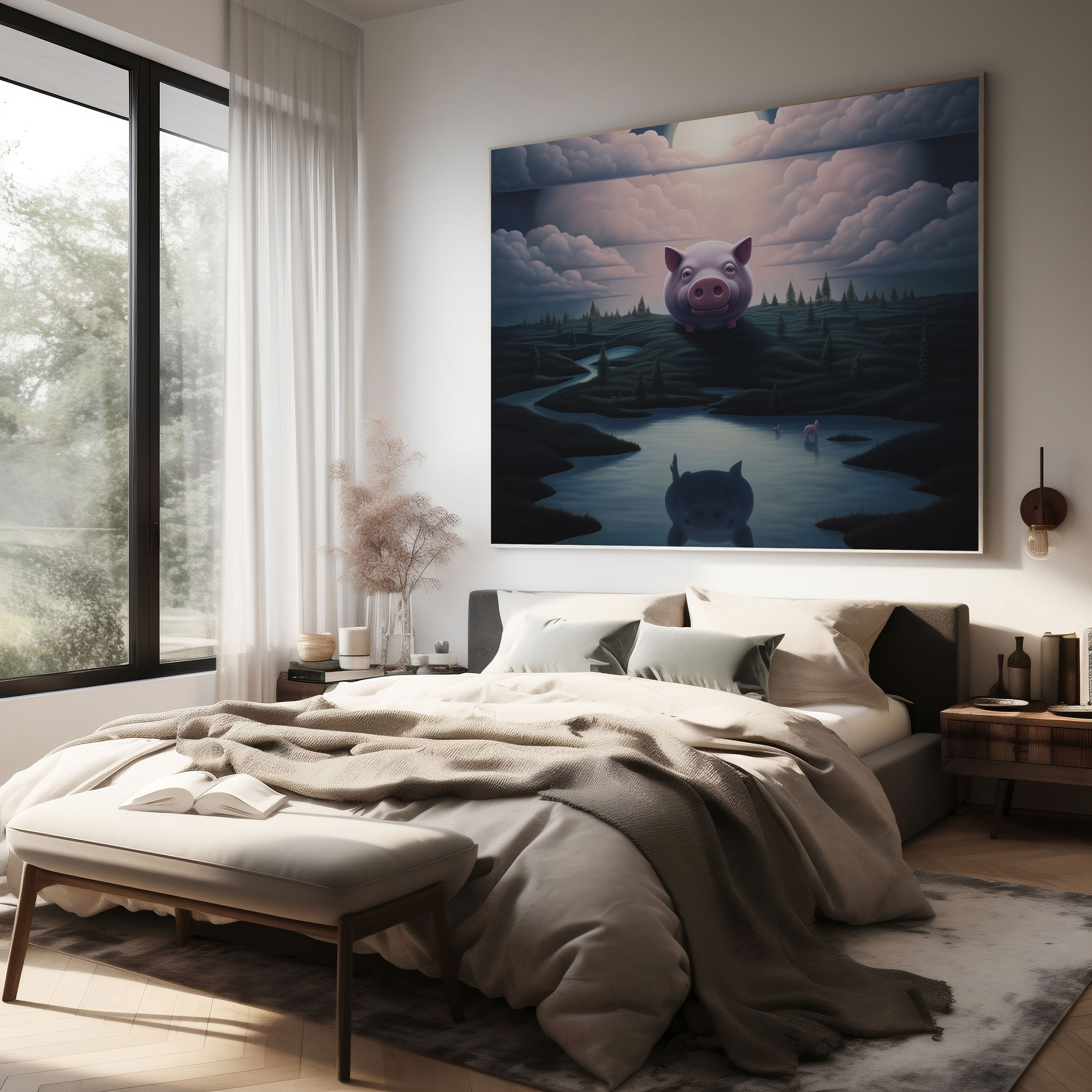 Rosa Floyd Wandkunst - Surreale Mondlandschaft mit schwebendem Schwein - Rosa Floyd Ölgemälde Mondlandschaft Leinwand