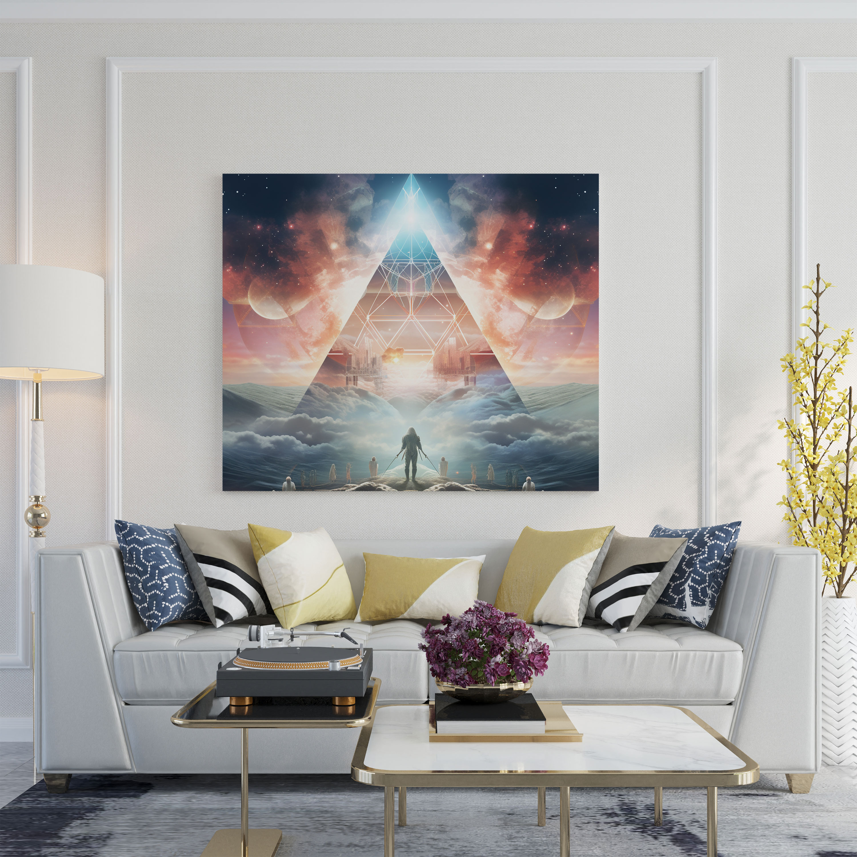 Leinwandbild Pink Floyd - Futuristische himmlische Illustration göttlicher Musiker - Pink Floyd Leinwand Leinwandbild Wandkunst