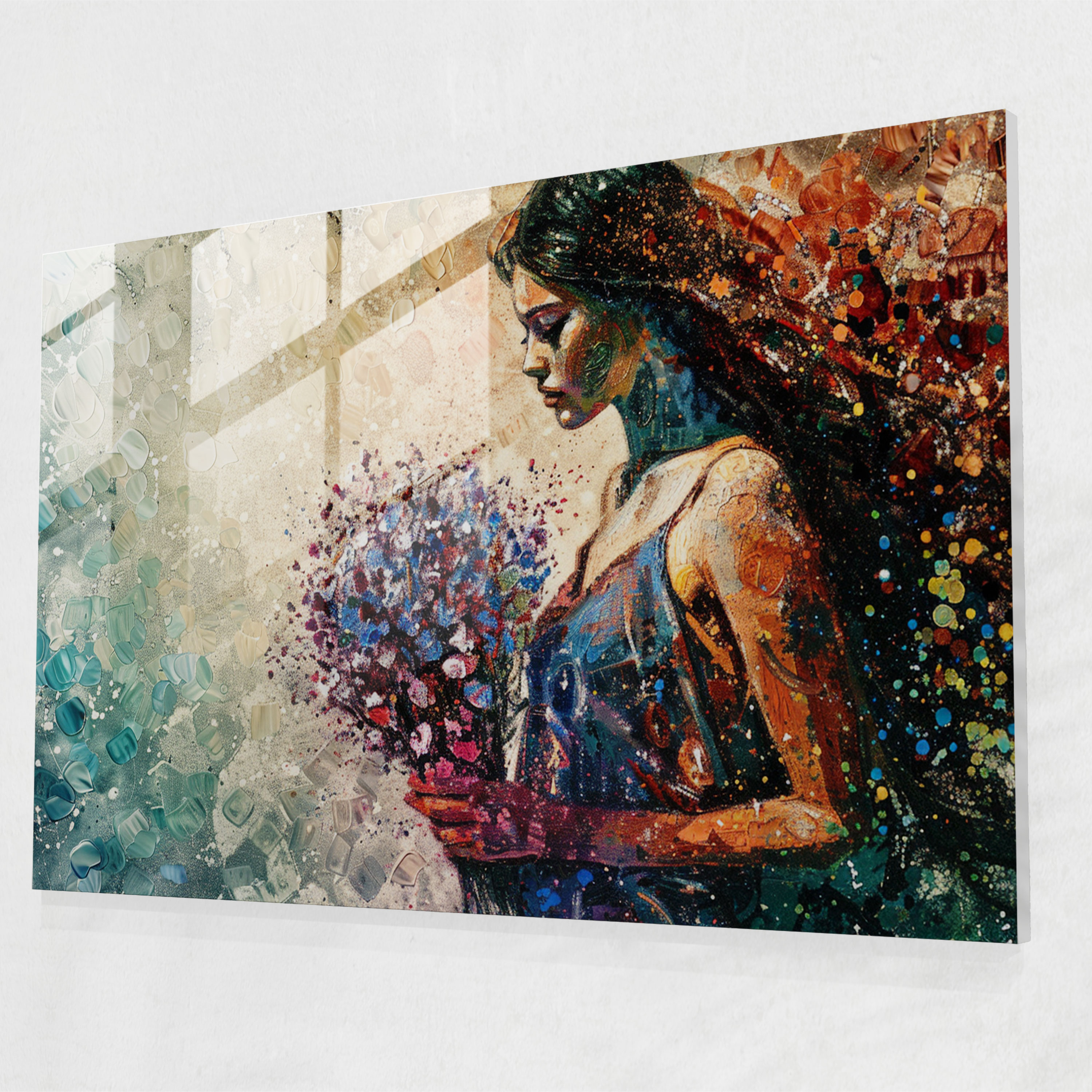Pointillism Glass Print Home Decoration: Woman With Flowers - Pointillism, Glass Print, Glass Wall Art, Modern Art