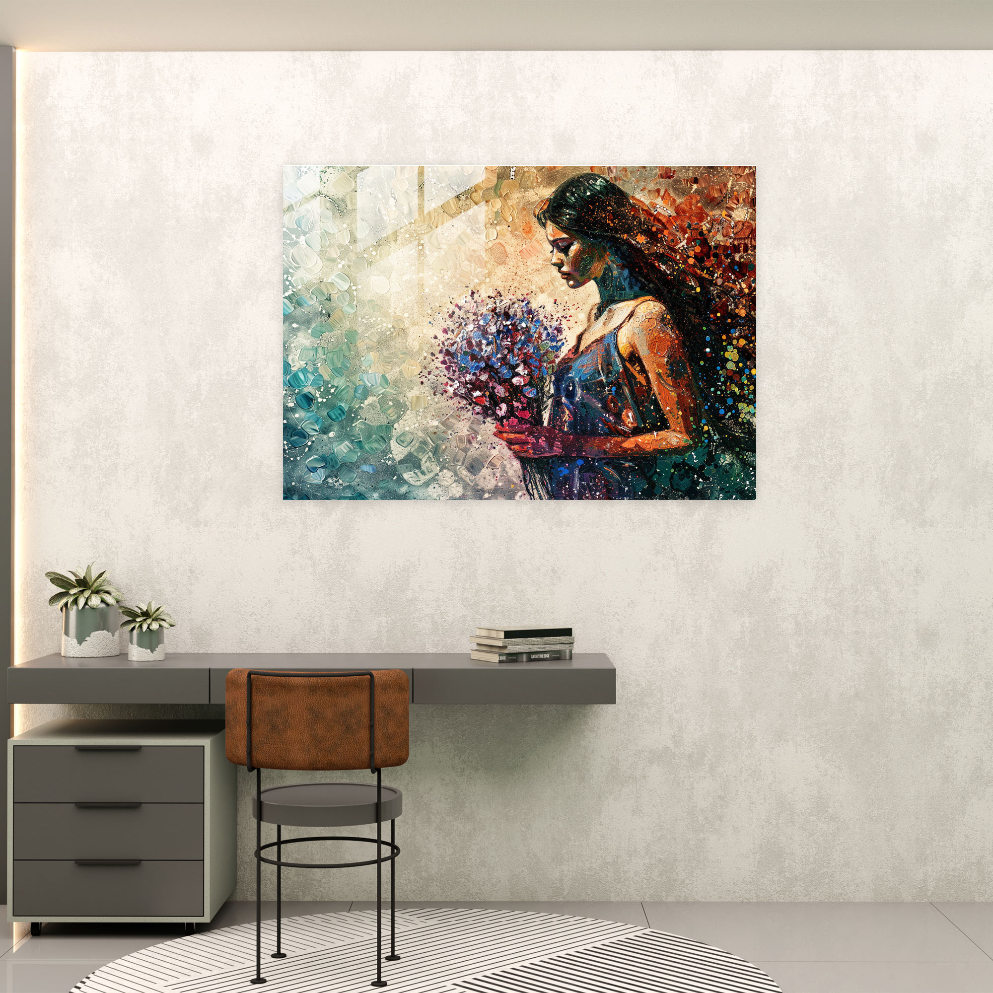 Pointillism Glass Print Home Decoration: Woman With Flowers - Pointillism, Glass Print, Glass Wall Art, Modern Art