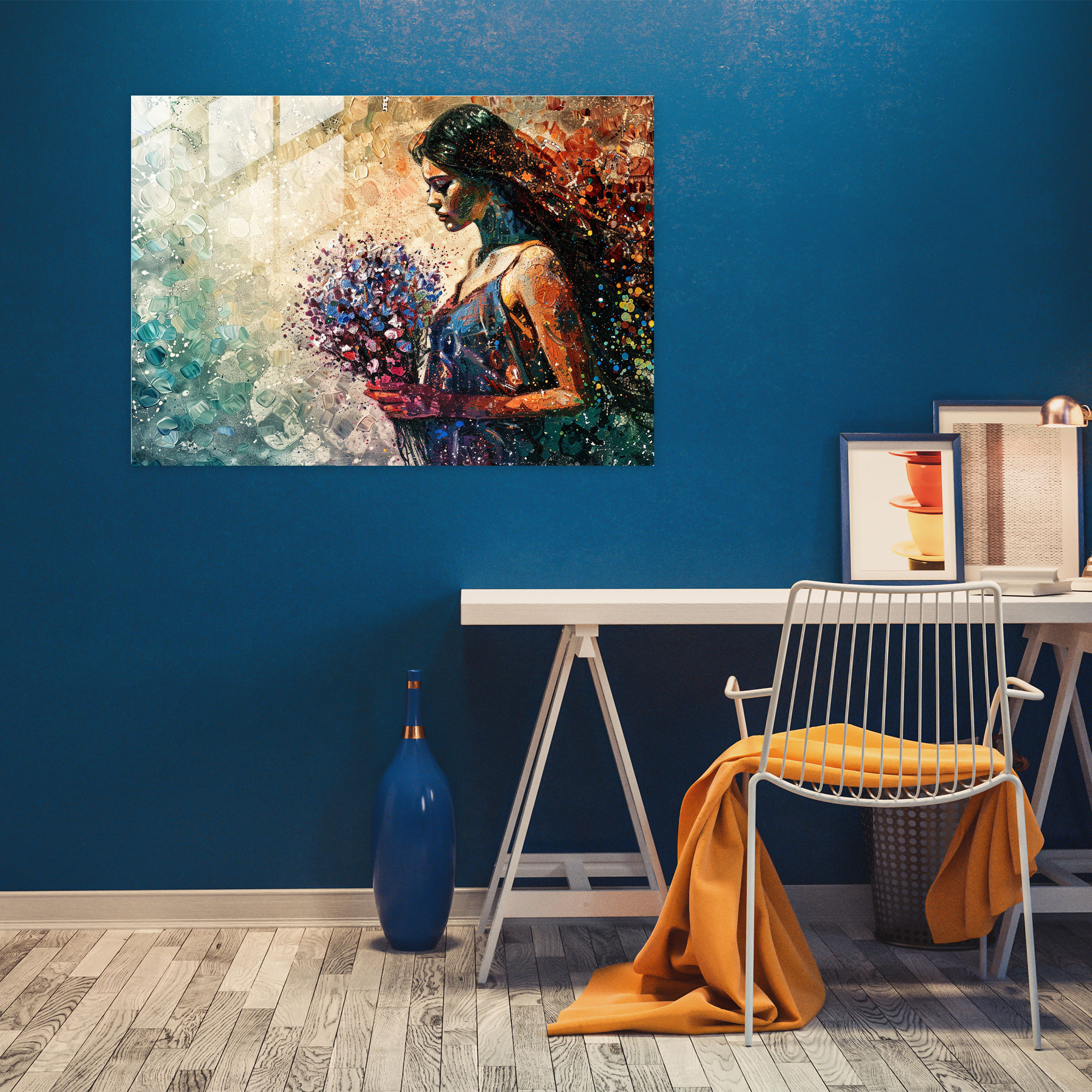 Pointillism Glass Print Home Decoration: Woman With Flowers - Pointillism, Glass Print, Glass Wall Art, Modern Art