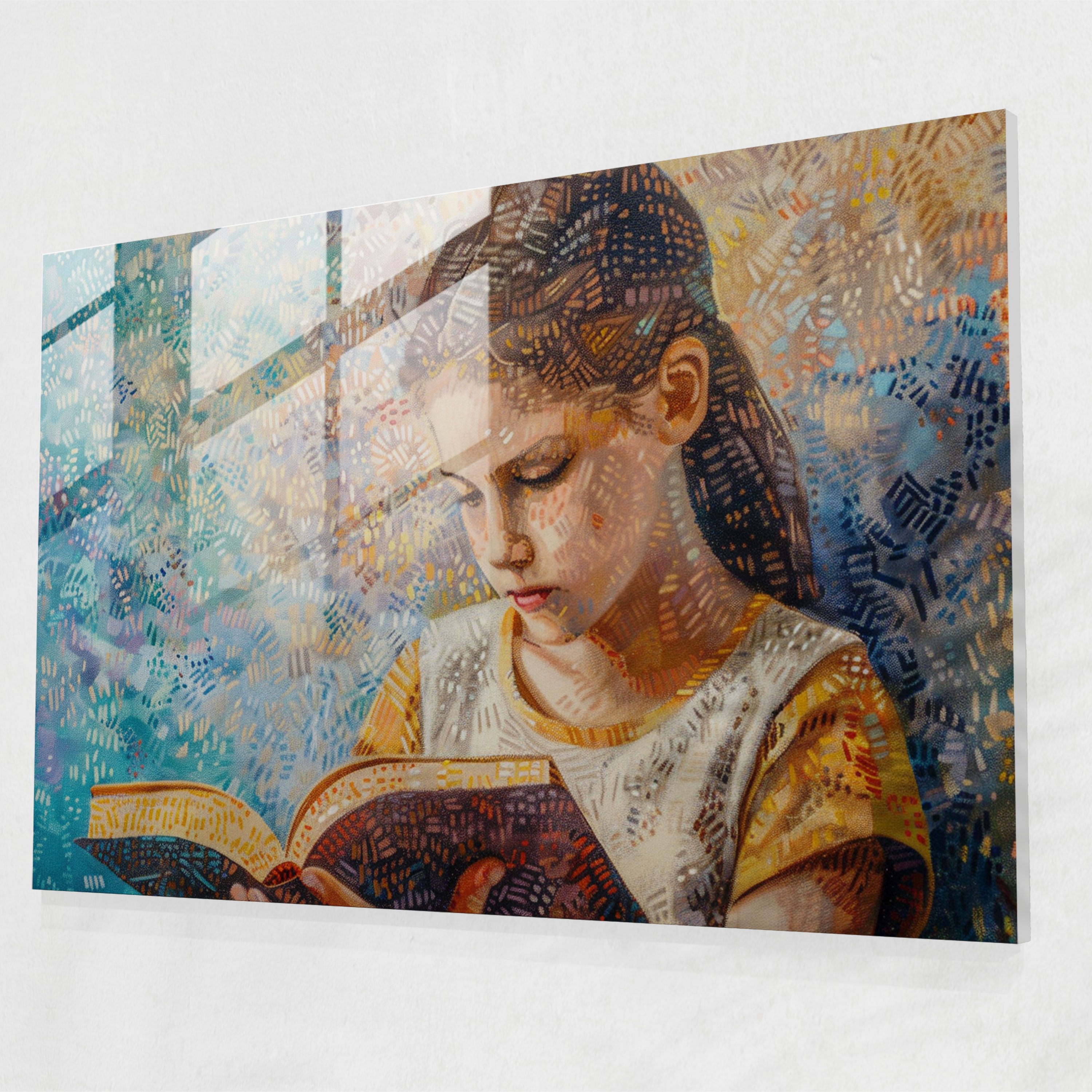 Pointillism Wall Decoration: Girl Reading - Pointillism, Glass Art, Wall Decoration, Glass Wall Art