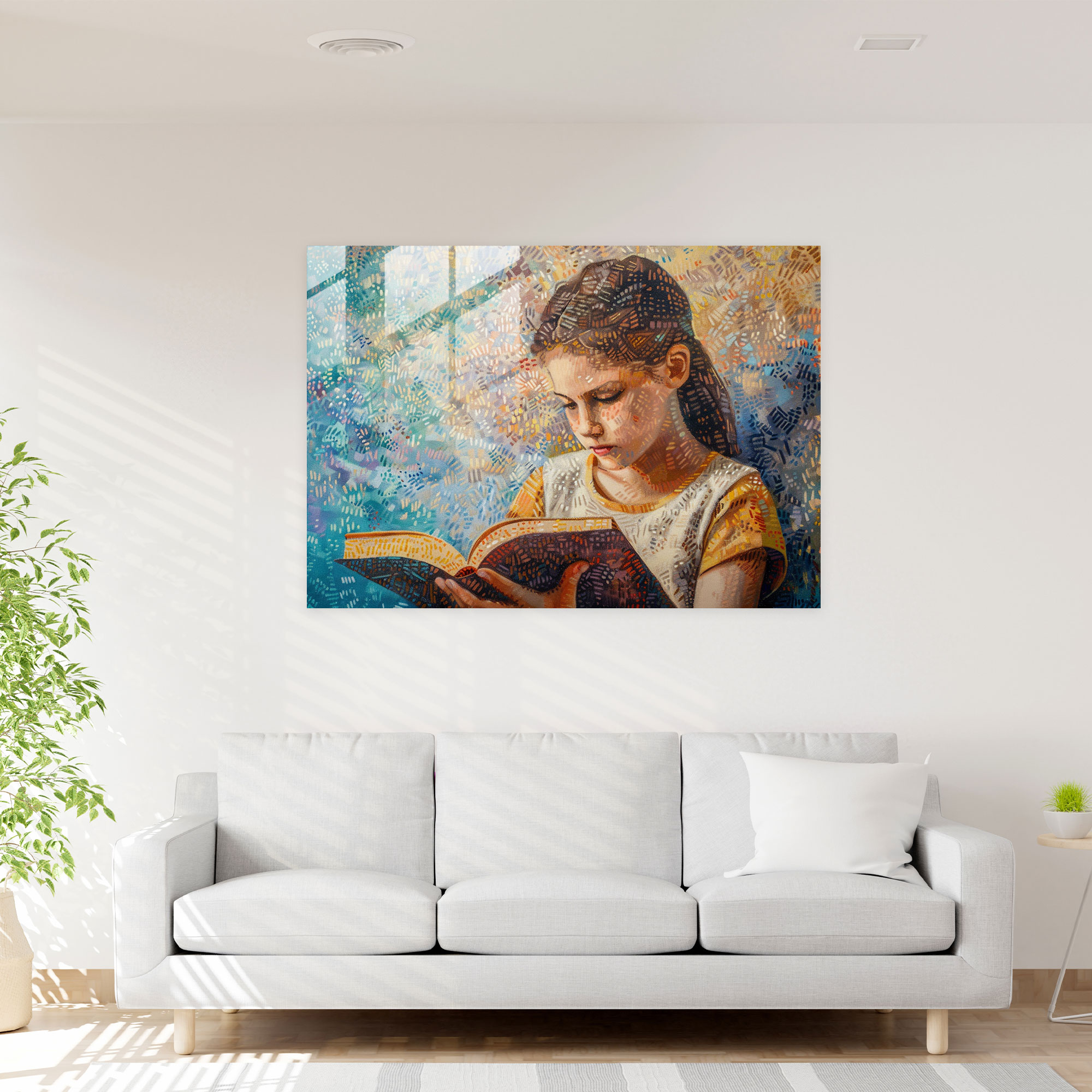 Pointillism Wall Decoration: Girl Reading - Pointillism, Glass Art, Wall Decoration, Glass Wall Art