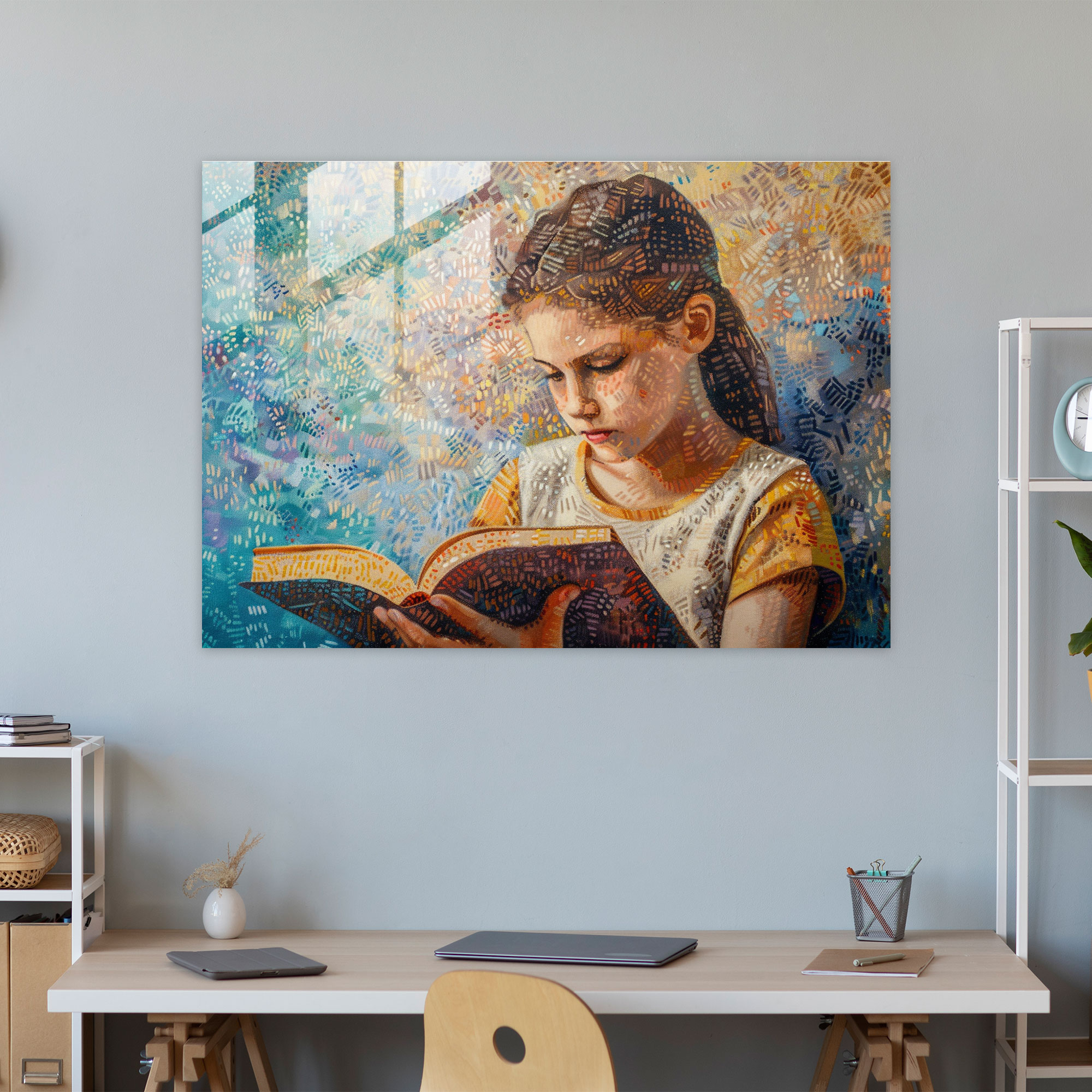 Pointillism Wall Decoration: Girl Reading - Pointillism, Glass Art, Wall Decoration, Glass Wall Art