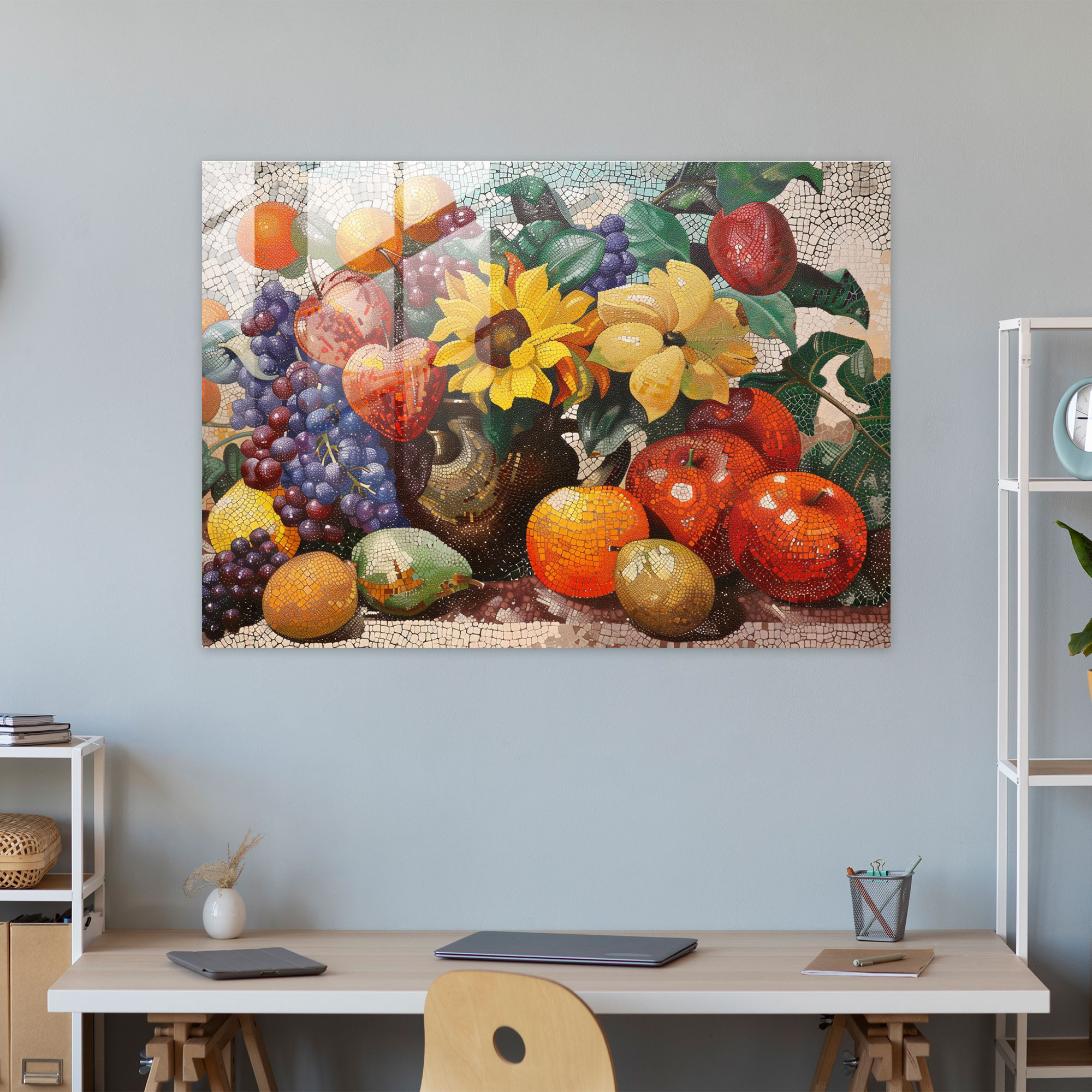 Pointillism Modern Art: Fruits And Flowers Still Life - Pointillism, Pointillism, Glass Art, Glass Print