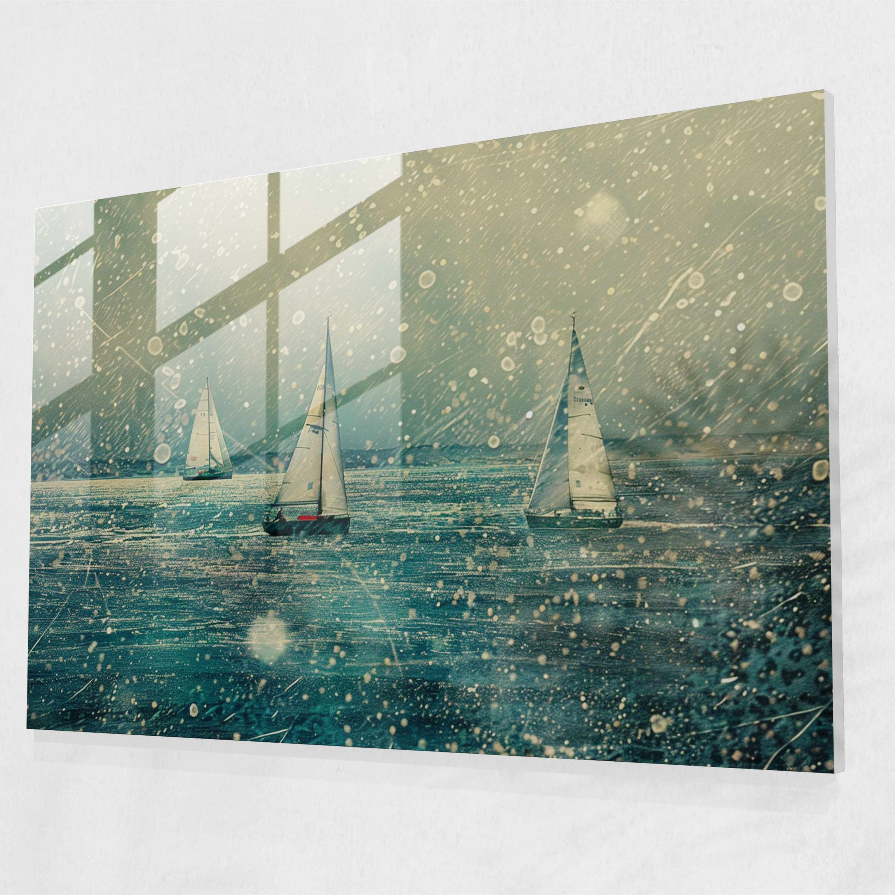 Pointillism Glass Print Home Decoration: Sailboats Seascape - Pointillism, Modern Art, Pointillism, Glass Wall Art