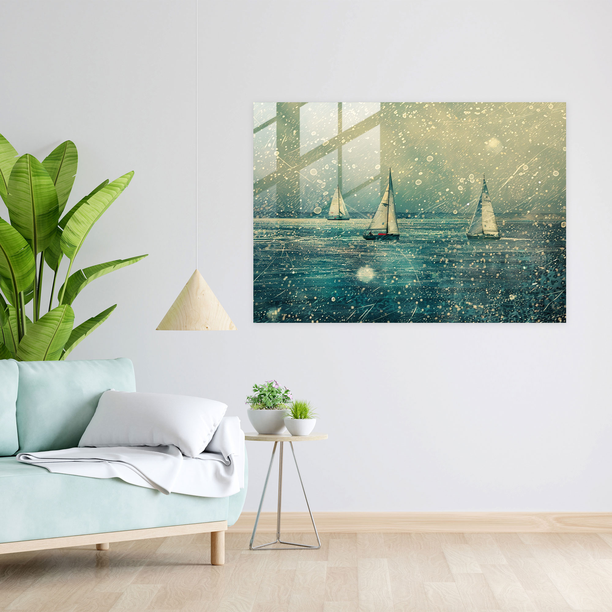 Pointillism Glass Print Home Decoration: Sailboats Seascape - Pointillism, Modern Art, Pointillism, Glass Wall Art