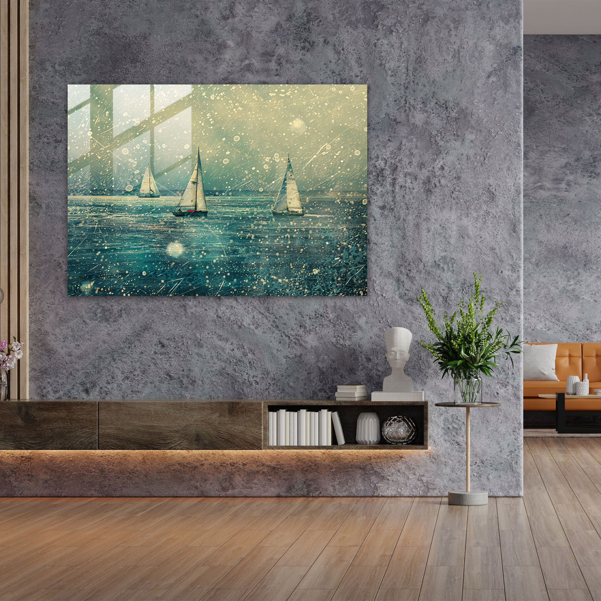 Pointillism Glass Print Home Decoration: Sailboats Seascape - Pointillism, Modern Art, Pointillism, Glass Wall Art