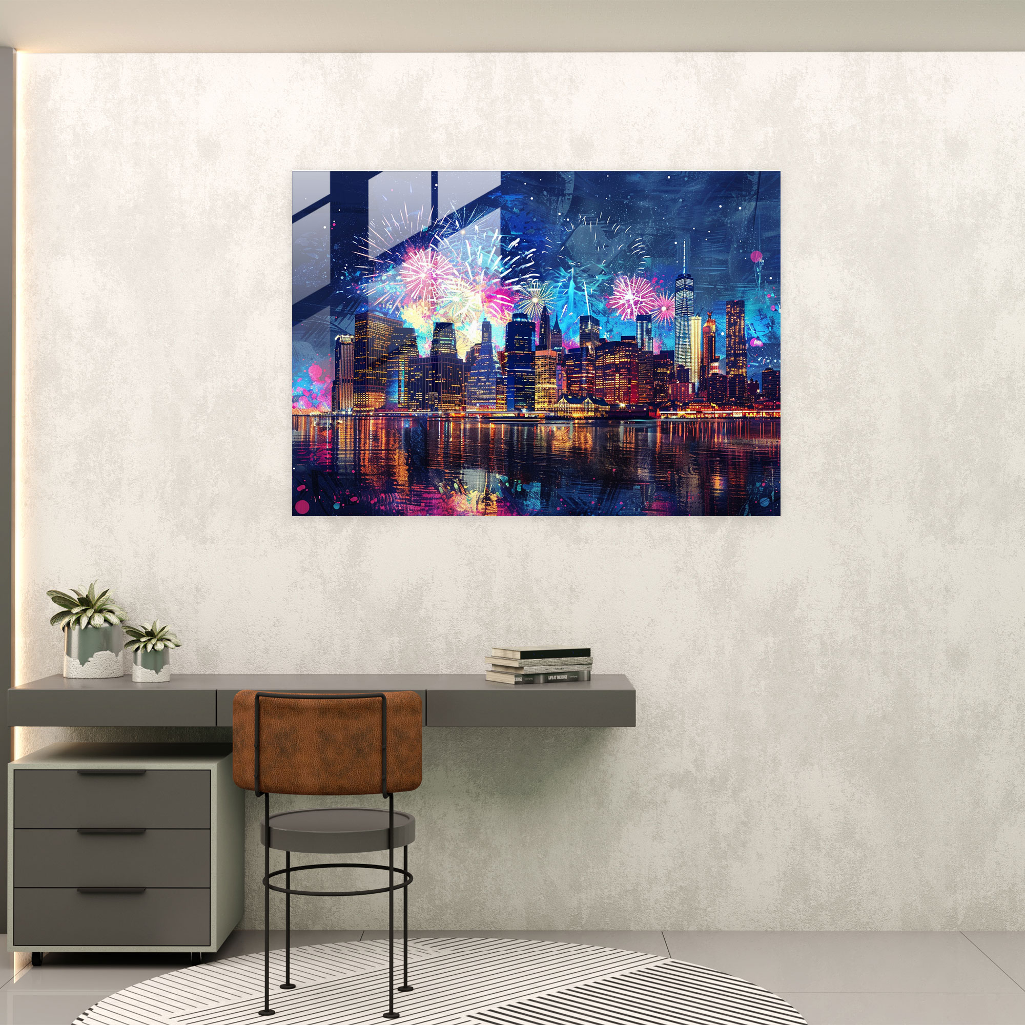 Pointillism Glass Wall Art: City Skyline At Night - Pointillism, Glass Art, Pointillism, Wall Decoration